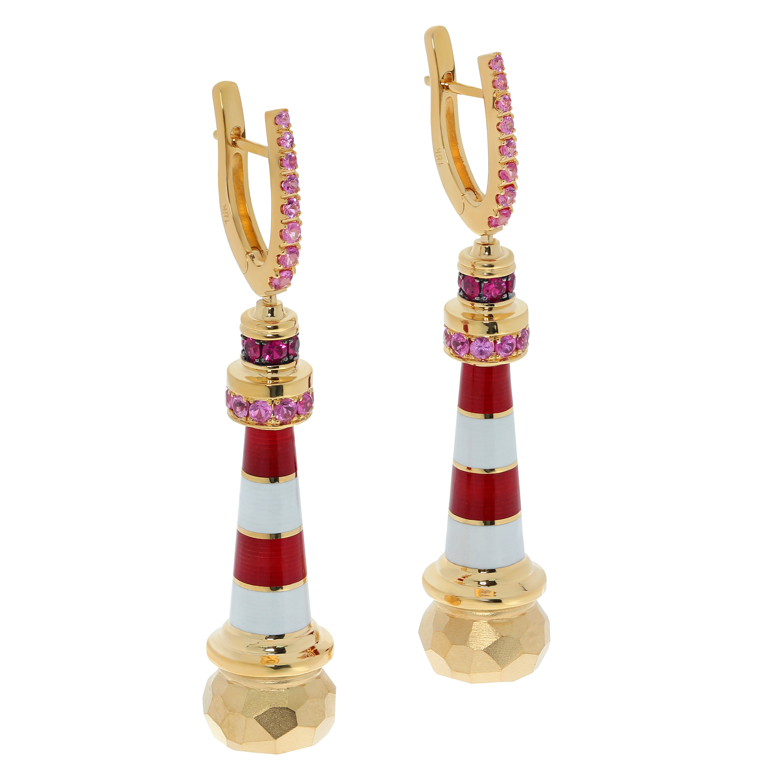 Pink Sapphires, Enamel 18K Yellow Gold Earrings, E 0295-0