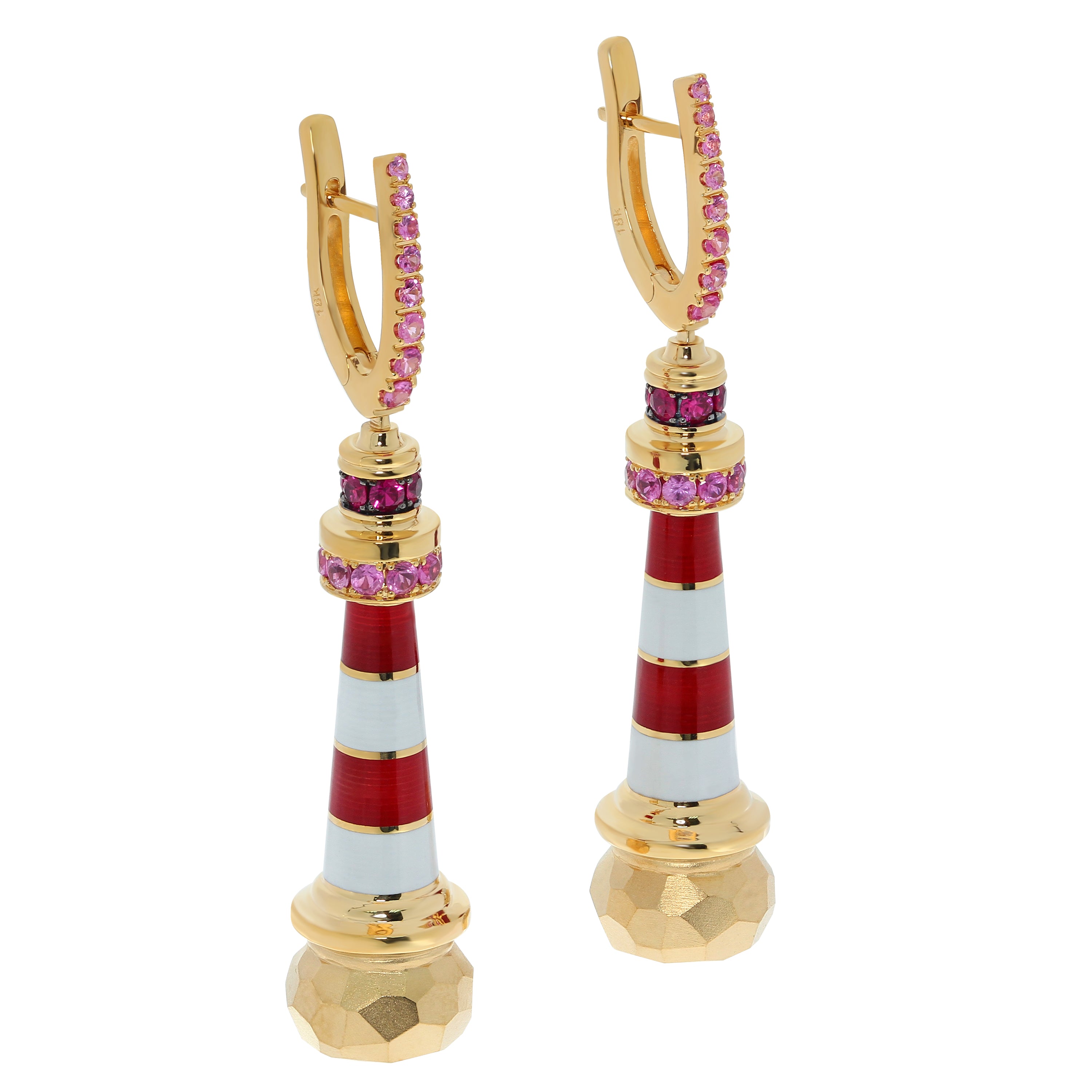 E 0295-0, 18K Yellow Gold, Pink Sapphires, Enamel Earrings