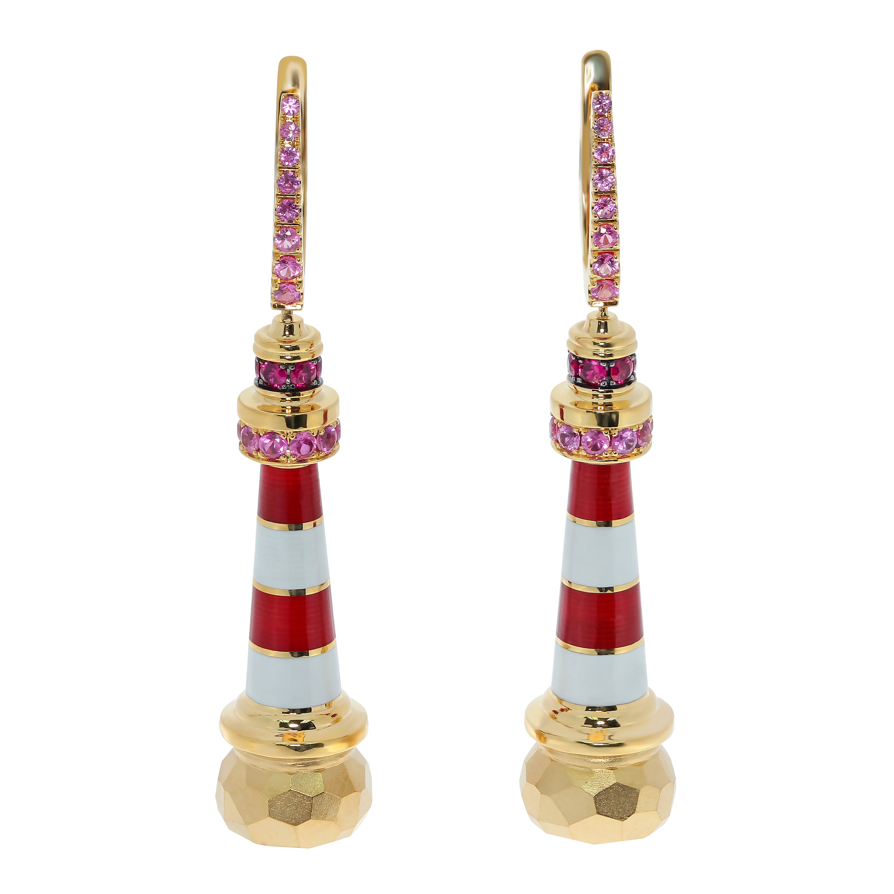 E 0295-0, 18K Yellow Gold, Pink Sapphires, Enamel Earrings