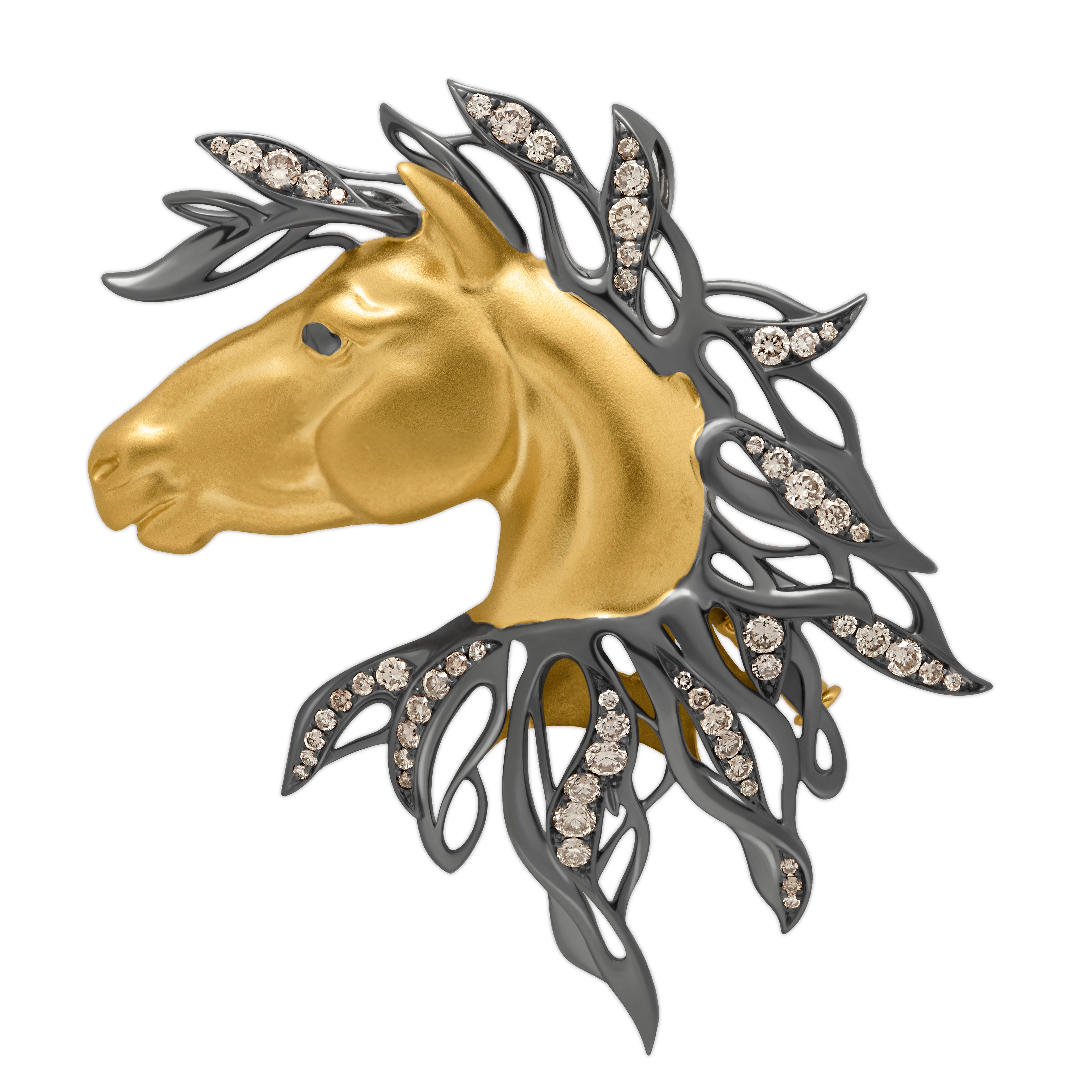 Brs 0231-0, 18K Yellow Gold, Champagne Diamonds Horse Head Brooch