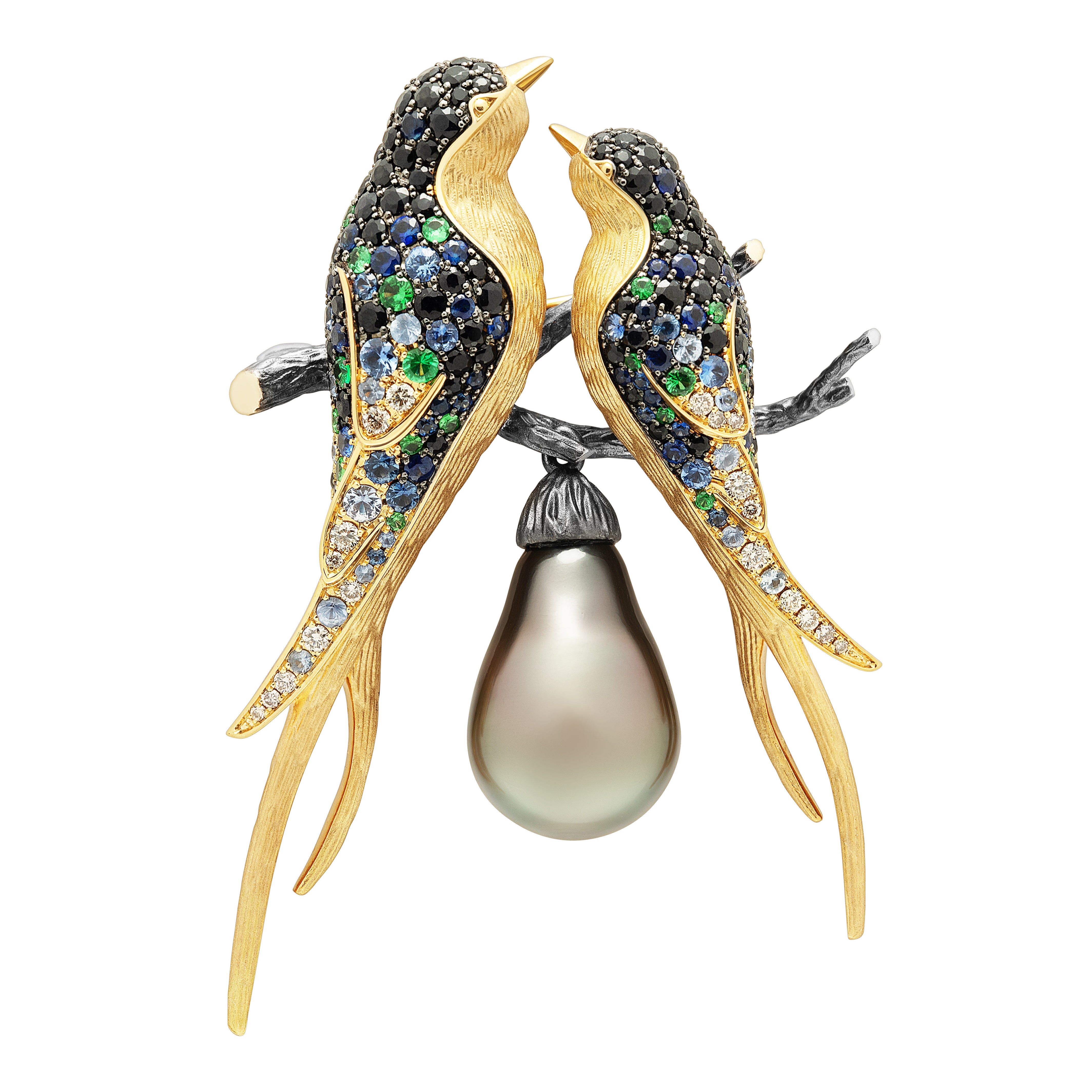 Sapphires, Tsavorites, Tahiti Pearl, Champagne Diamonds 18K Yellow Gold Brooch, Brs 0228-0