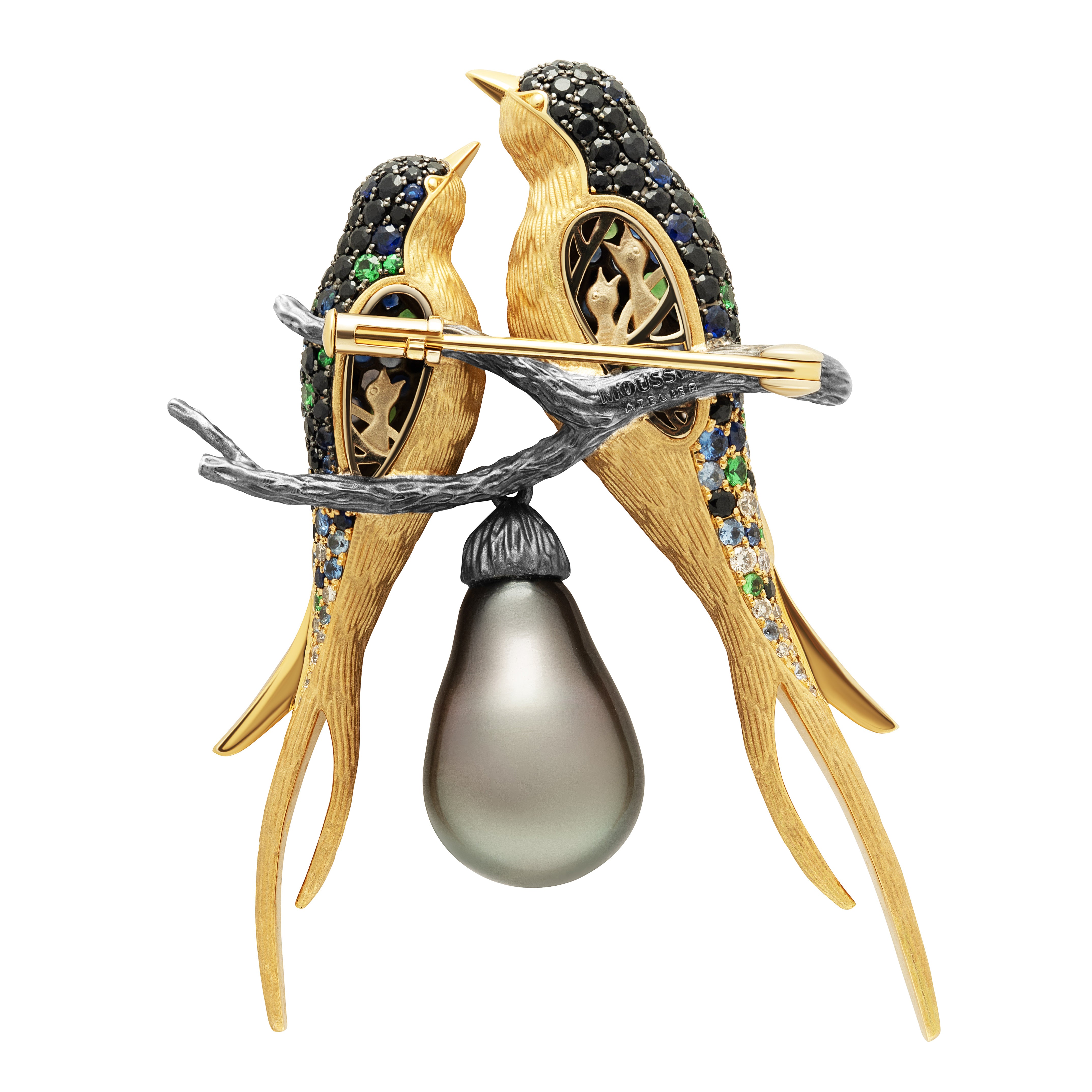 Sapphires, Tsavorites, Tahiti Pearl, Champagne Diamonds 18K Yellow Gold Brooch, Brs 0228-0