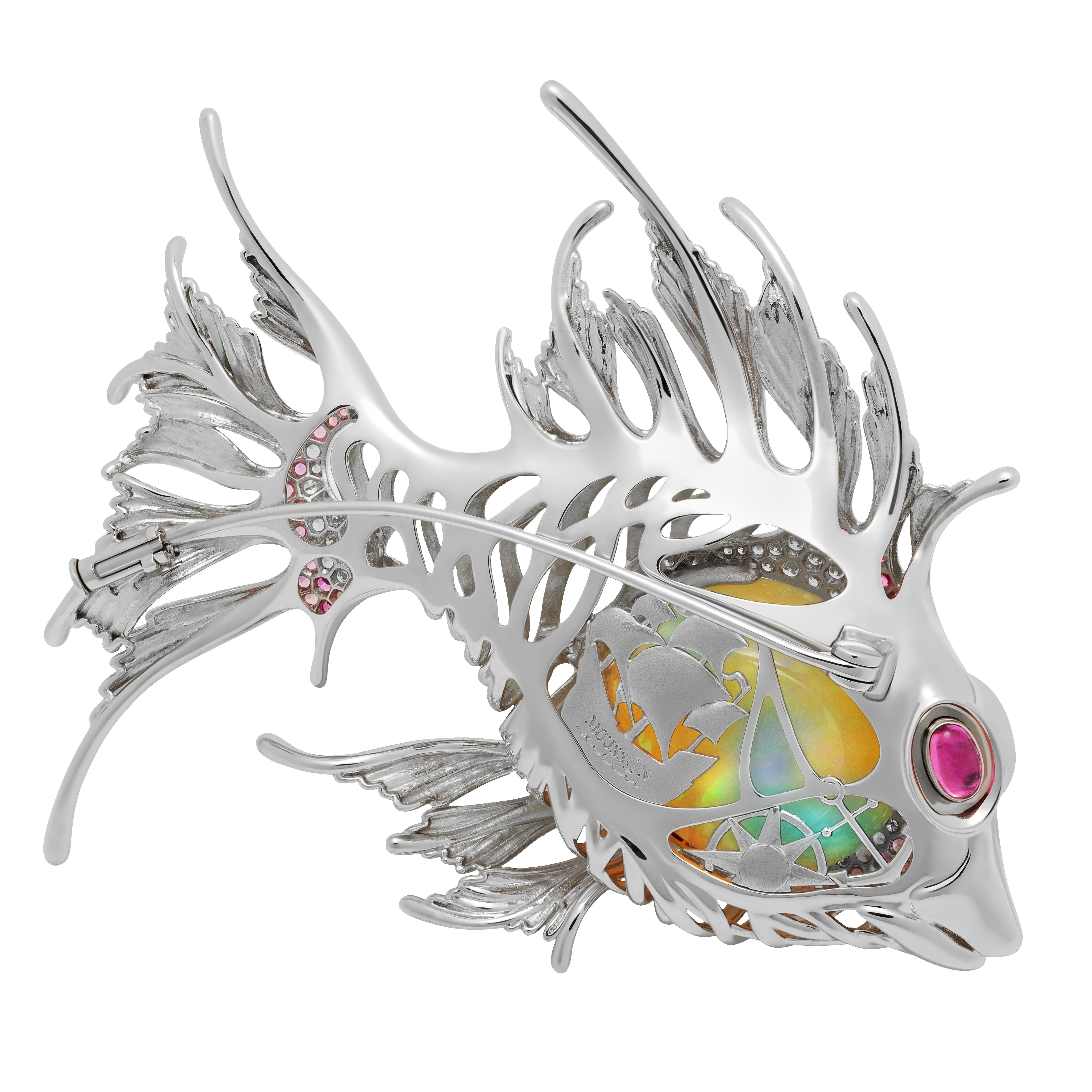 Opal, Diamonds, Sapphires 18K White Gold Lion-Fish Brooch, Brs 0251-3