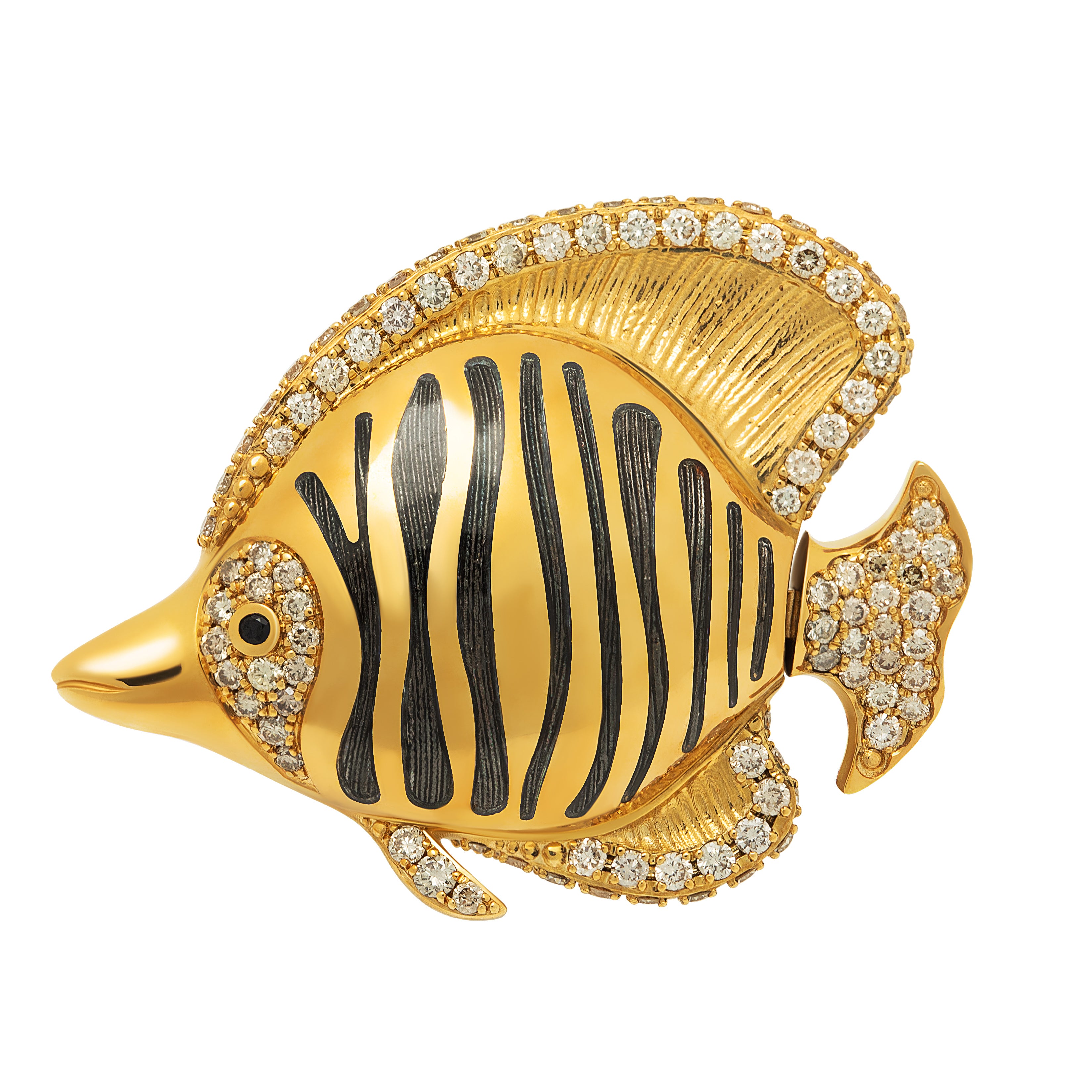Enamel, Champagne Diamonds 18K Yellow Gold Angel Fish Brooch, Brs 0252-2