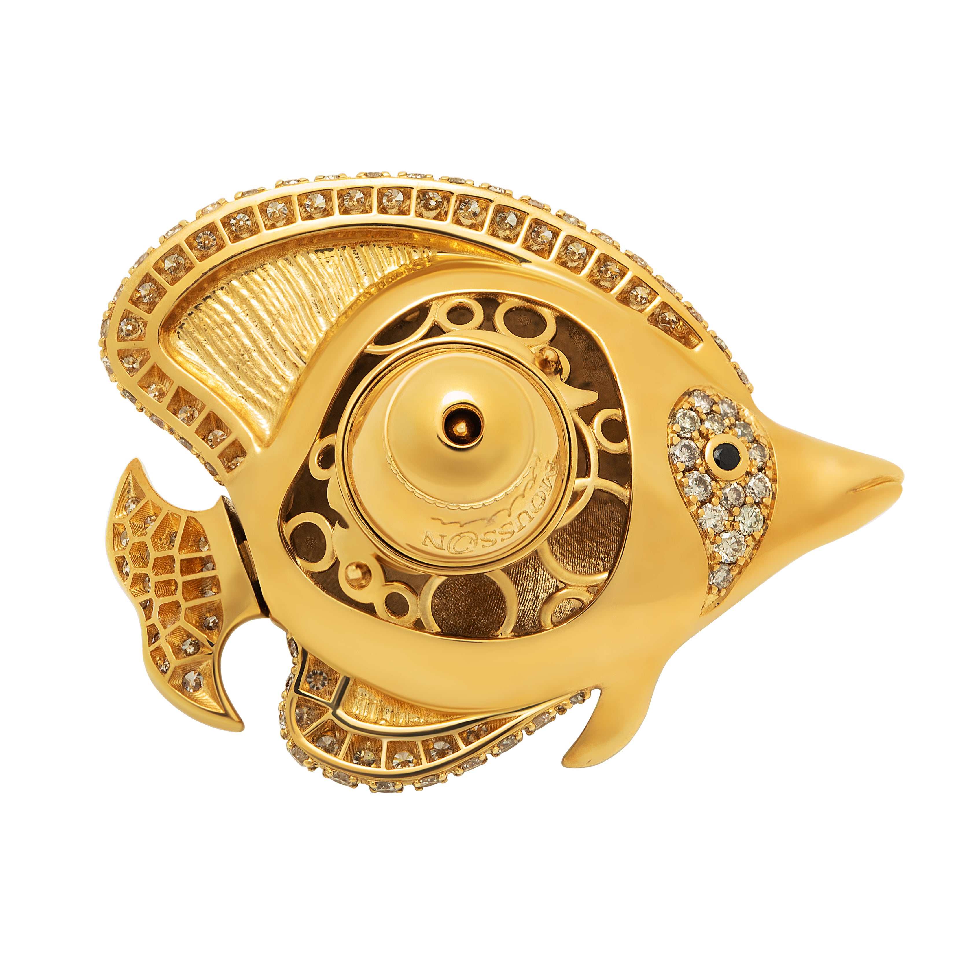Enamel, Champagne Diamonds 18K Yellow Gold Angel Fish Brooch, Brs 0252-2