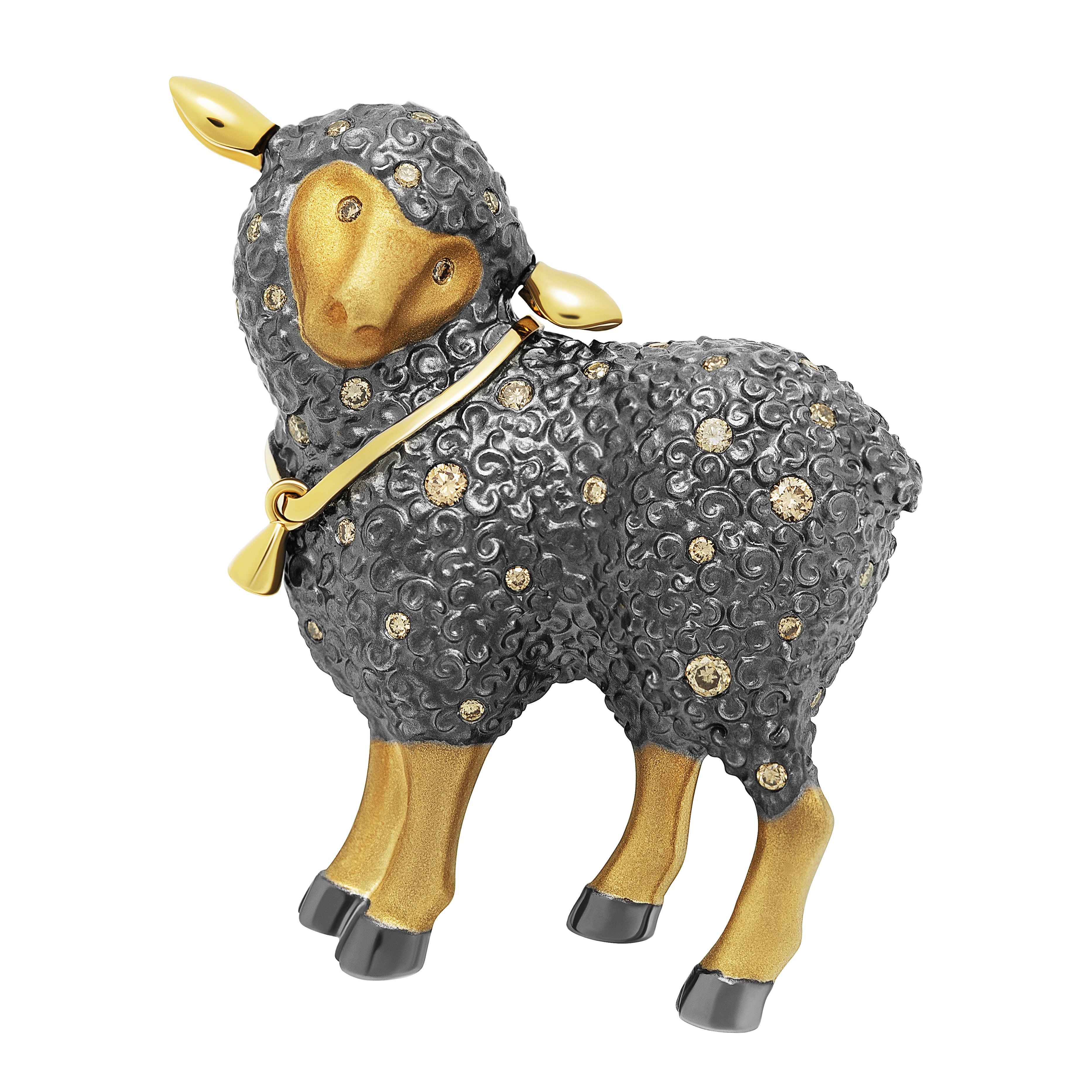 Champagne Diamonds 18K Yellow Gold Lamb Brooch, Brs 0269-0