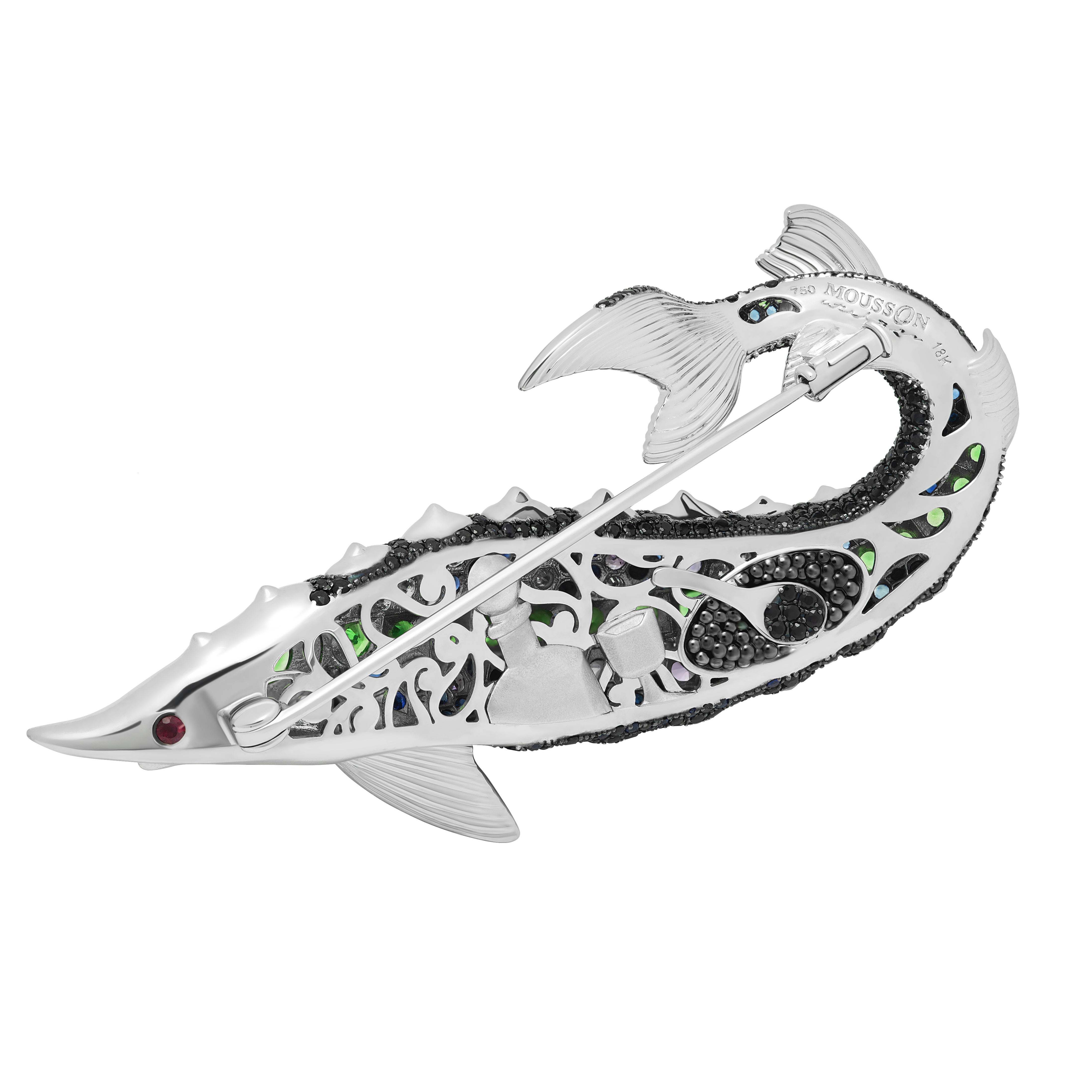 Diamonds, Sapphires, Tsavorites 18K White Gold Sturgeon Brooch, Brs 0277-0