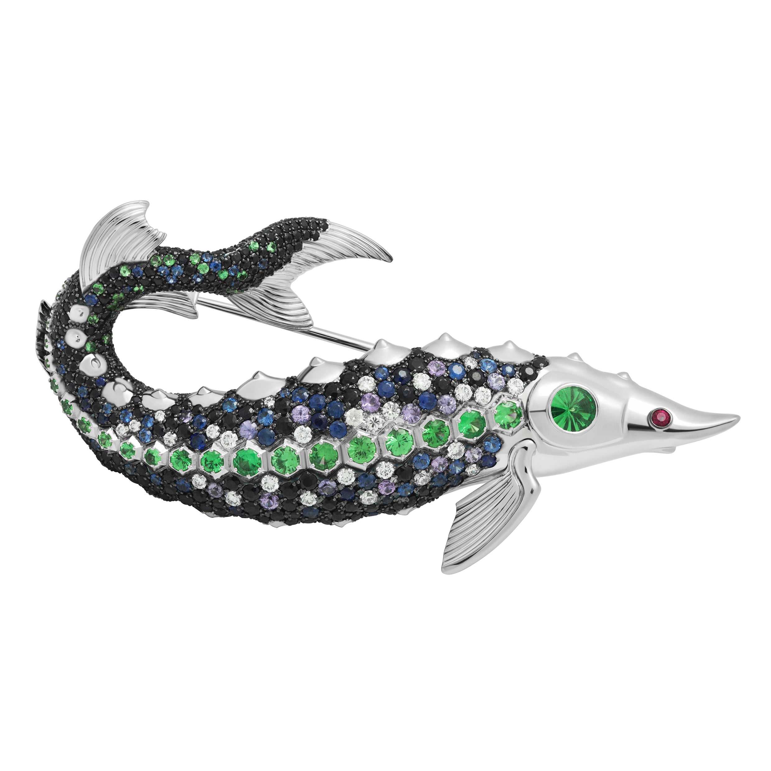 Diamonds, Sapphires, Tsavorites 18K White Gold Sturgeon Brooch, Brs 0277-0