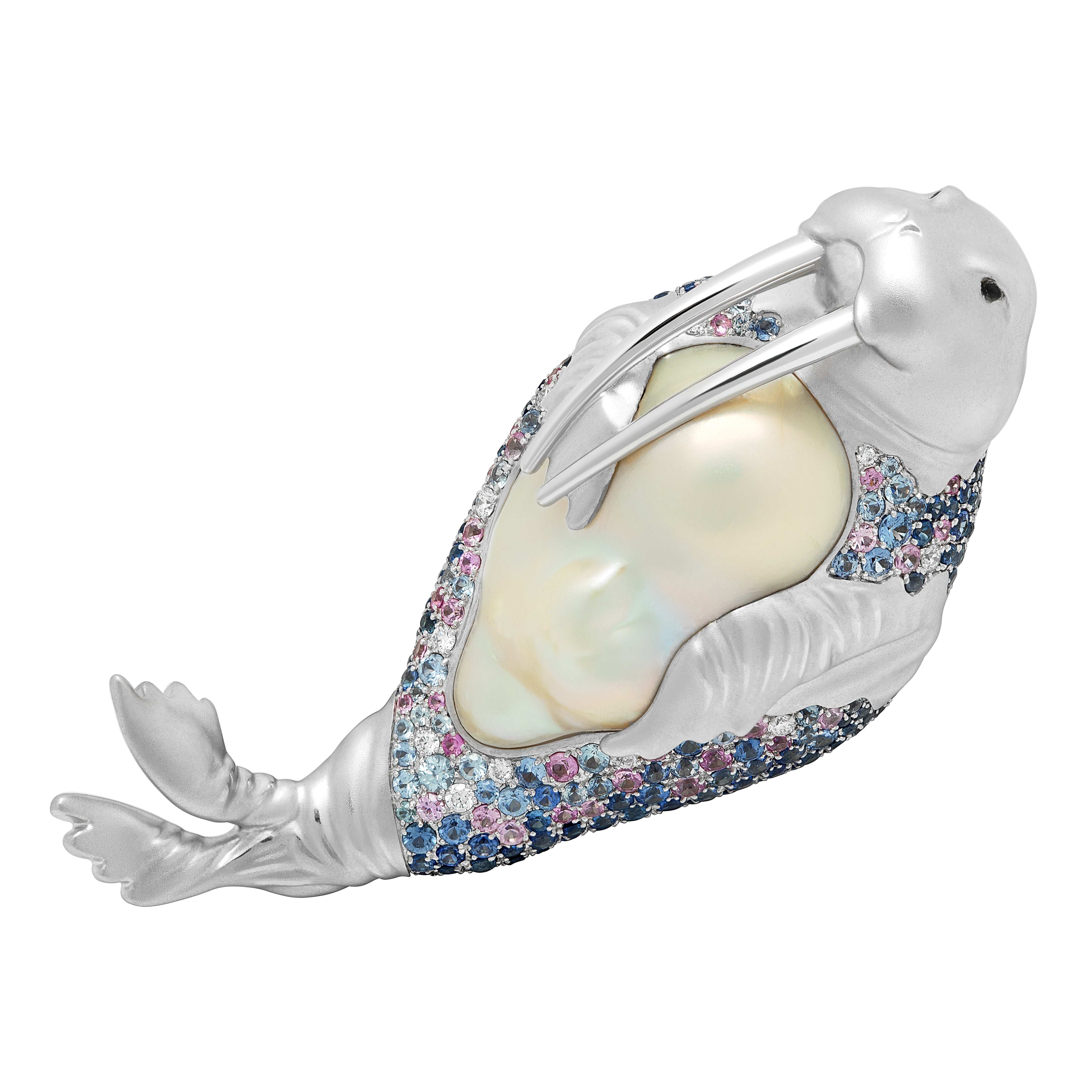 Pearl, Diamonds, Sapphires 18K White Gold Walrus Brooch, Brs 0287-0