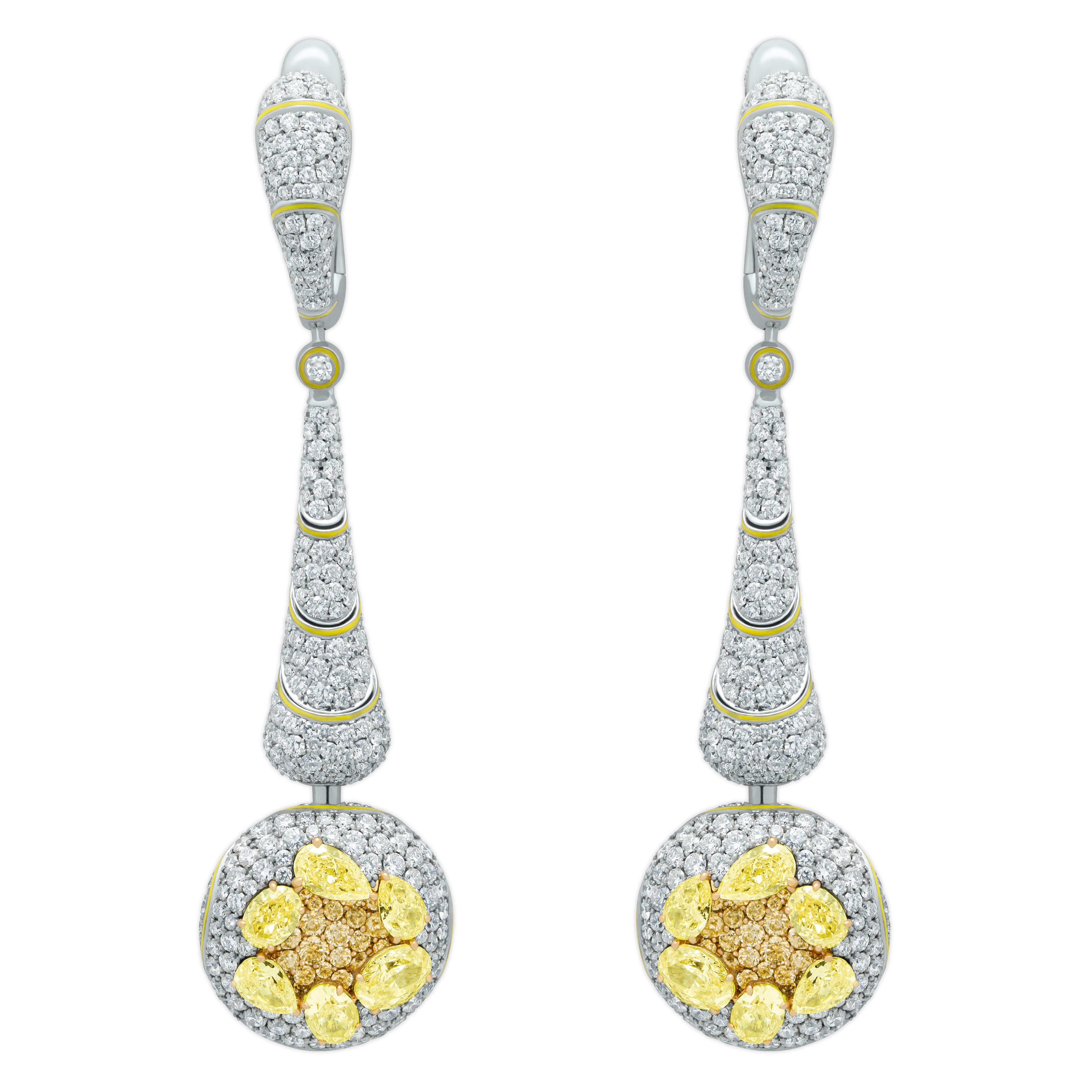 Fancy Yellow Diamonds, Diamonds 18K White and Yellow Gold, Enamel Earrings, E 0262-0
