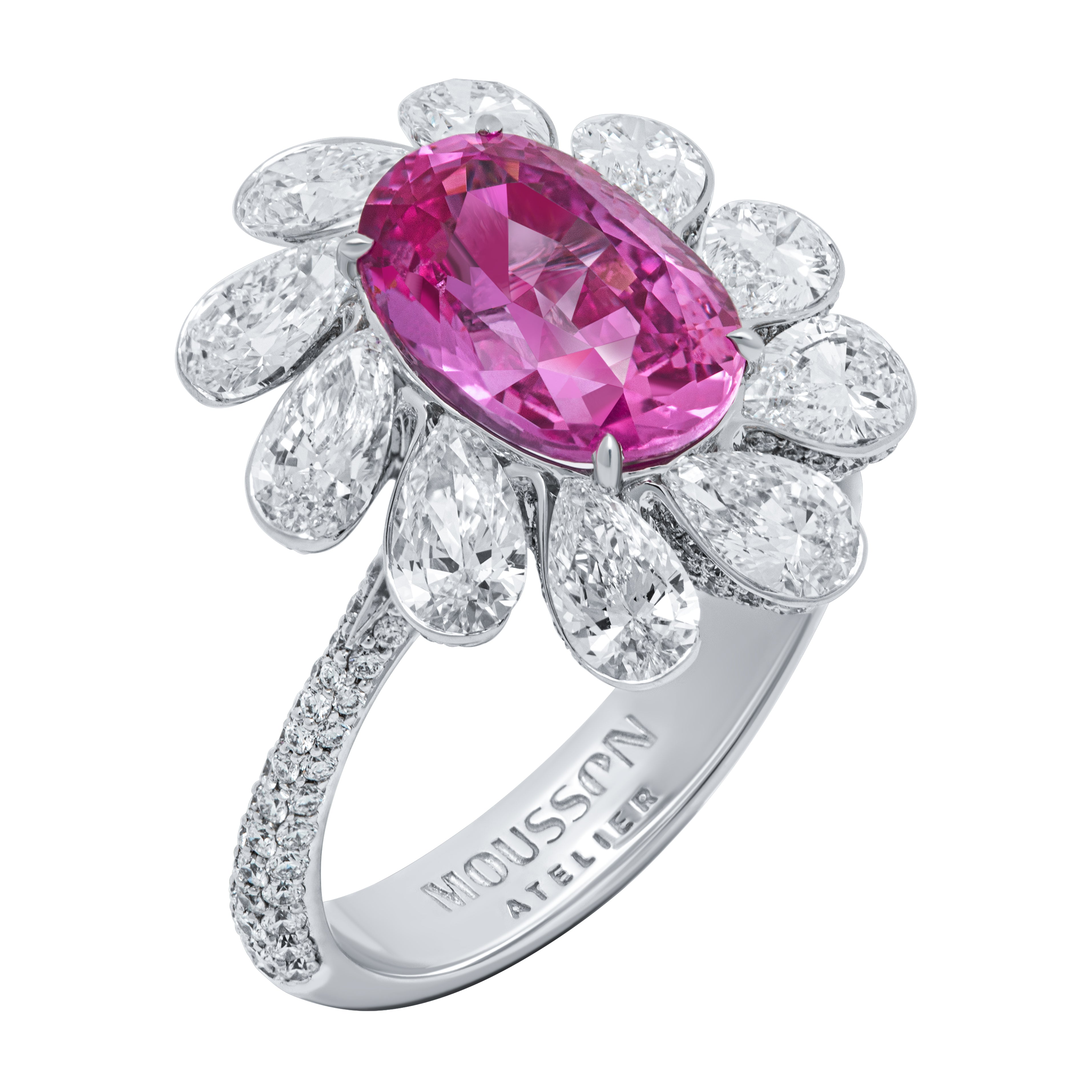 No Heat Pink Sapphire, Diamonds 18K White Gold Ring, R 0119-1
