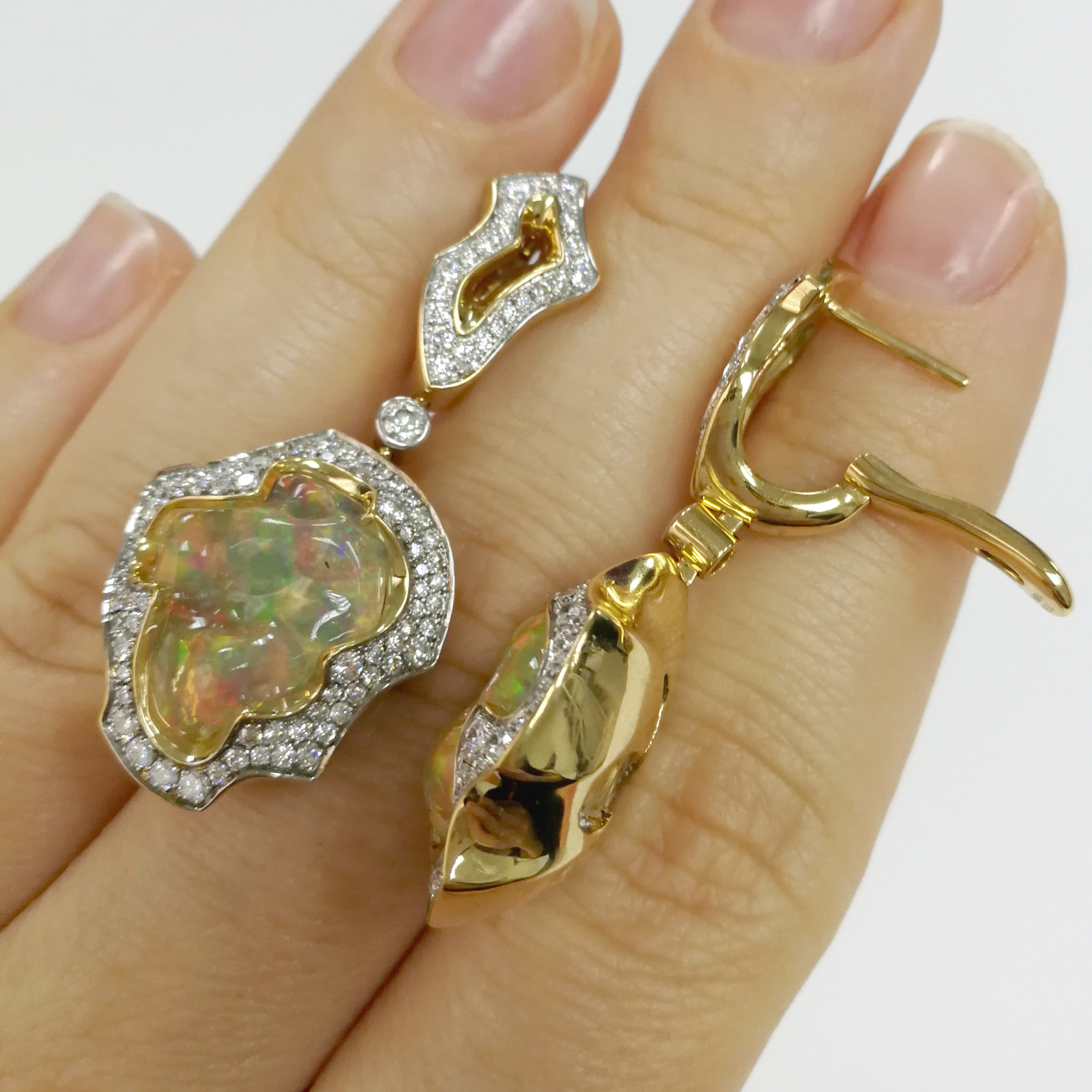 Mexican Fire Opal, Diamonds  18K Yellow Gold Earrings, E 0029-16/1