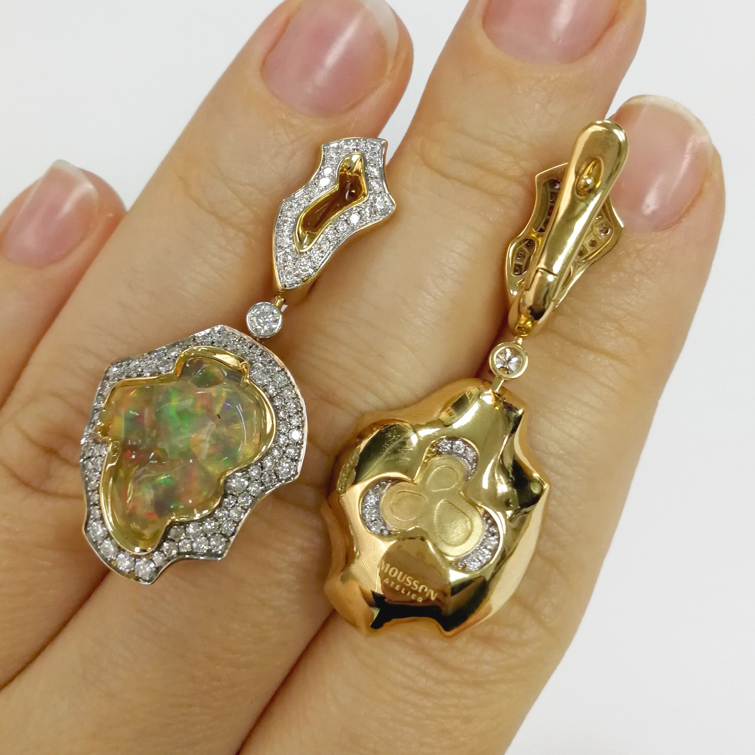 Mexican Fire Opal, Diamonds  18K Yellow Gold Earrings, E 0029-16/1