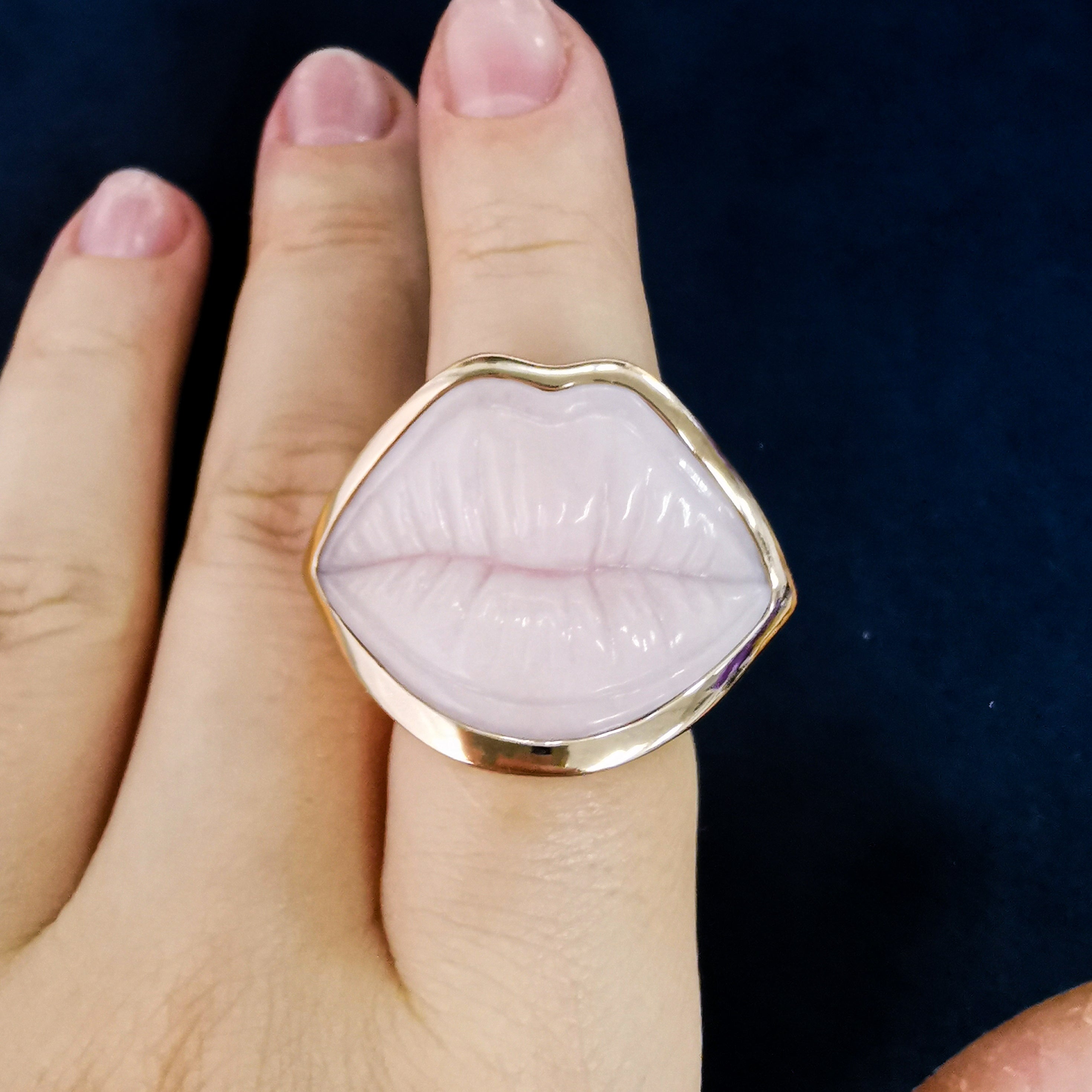Carved Pink Opal, Diamonds 18K Rose Gold Ring, R 0077-1