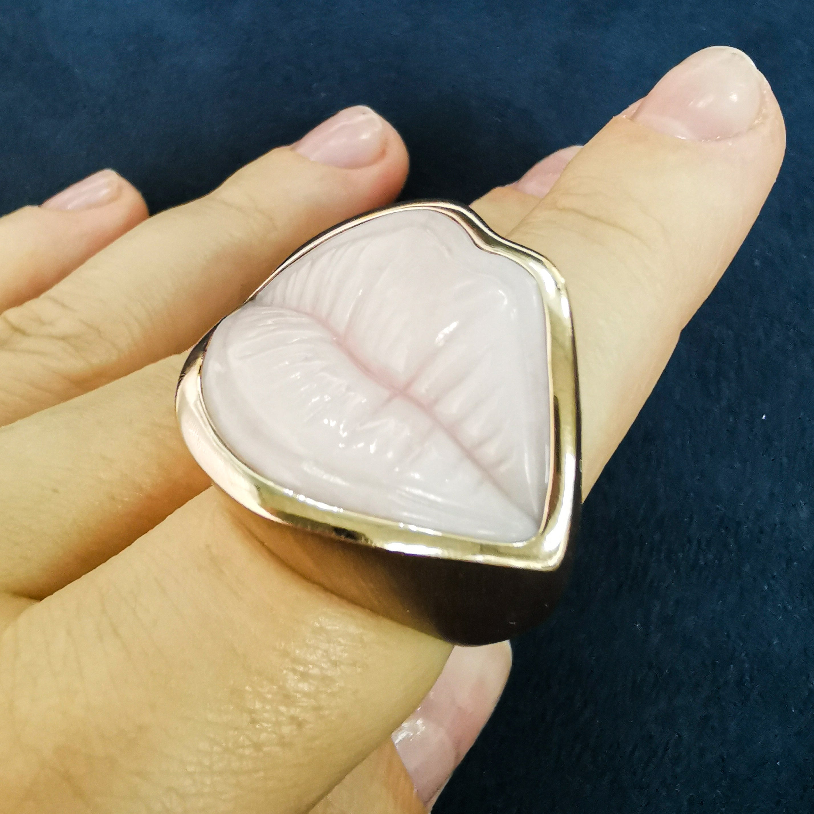 Carved Pink Opal, Diamonds 18K Rose Gold Ring, R 0077-1