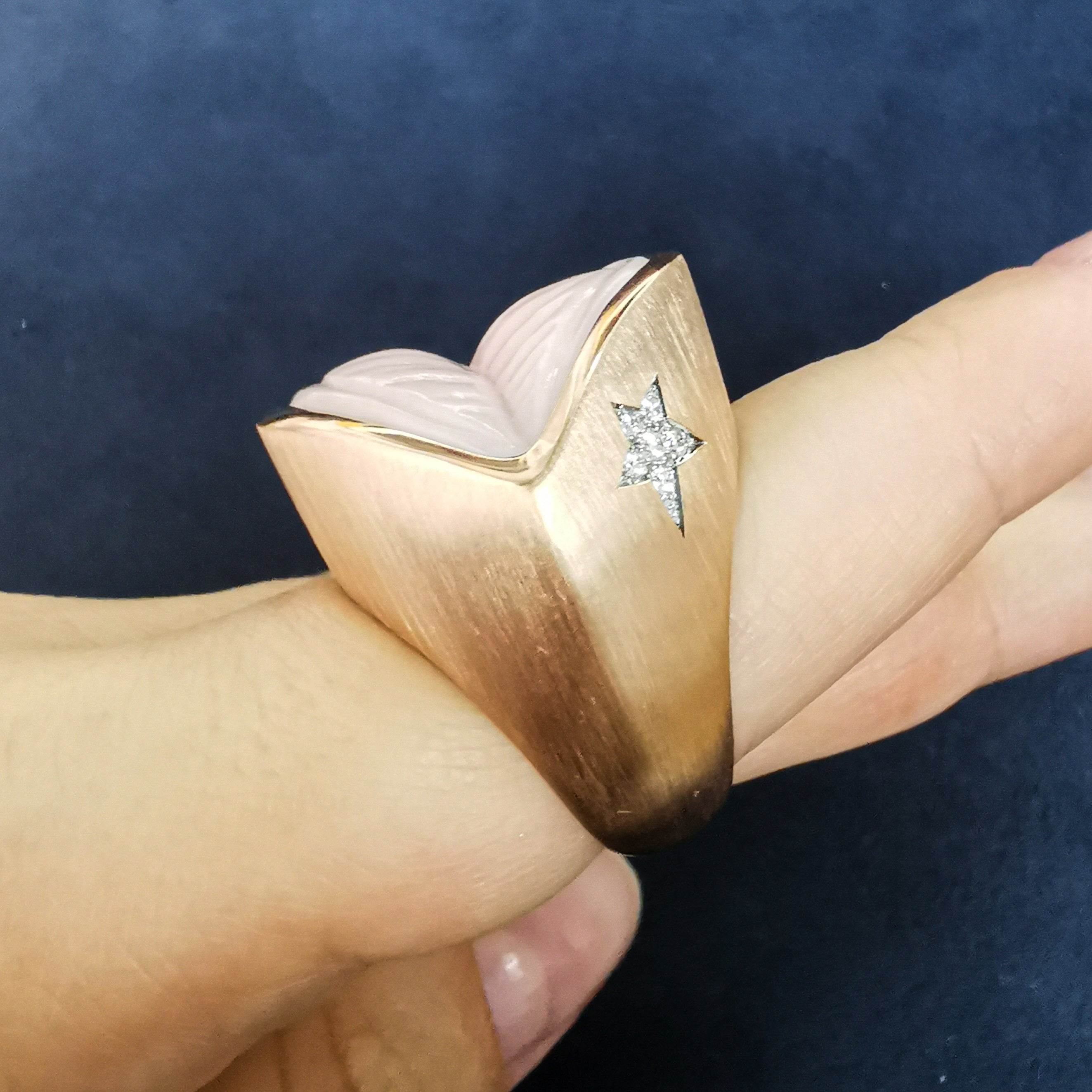 Carved Pink Opal, Diamonds 18K Rose Gold Ring, R 0077-1