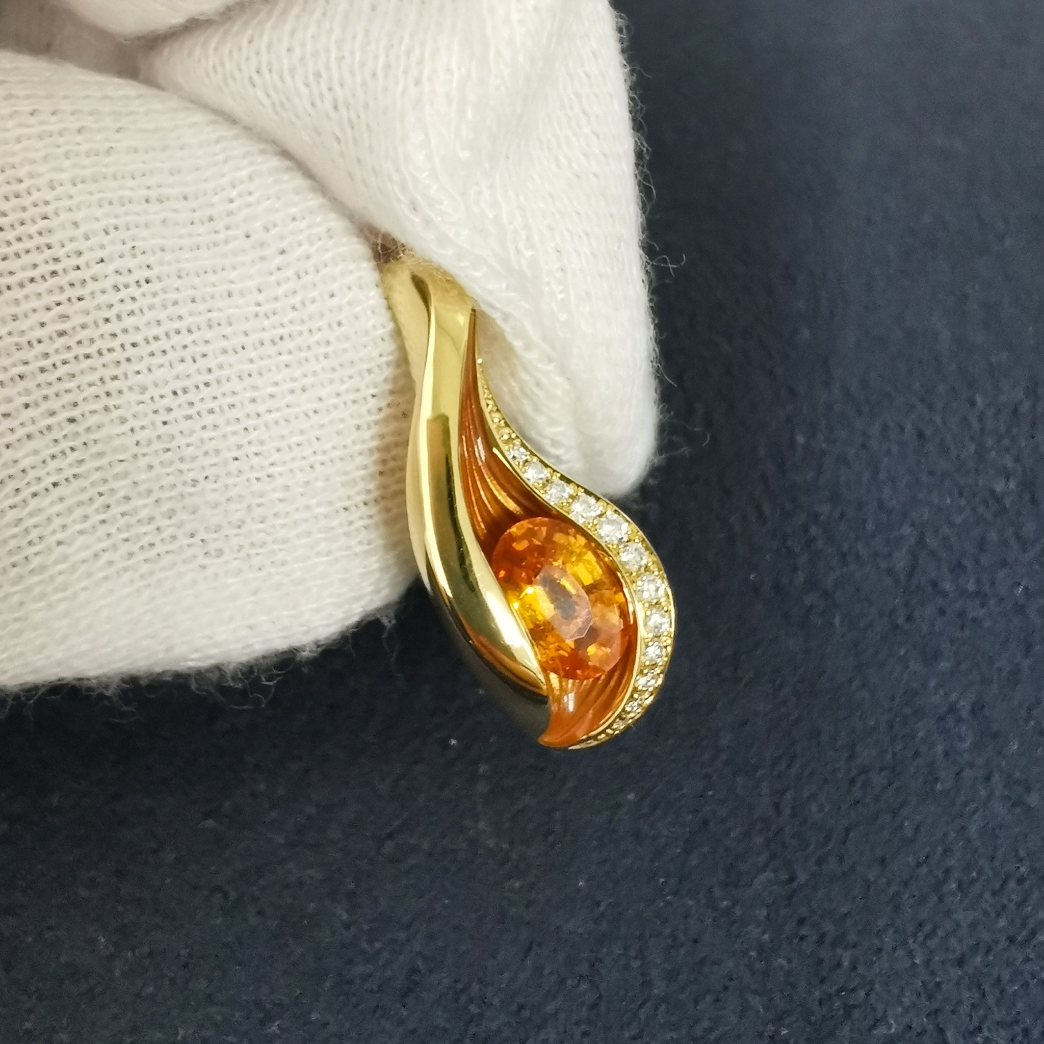 Spessartine Garnet, Diamonds, Enamel 18K Yellow Gold Pendant, P 0123-6,