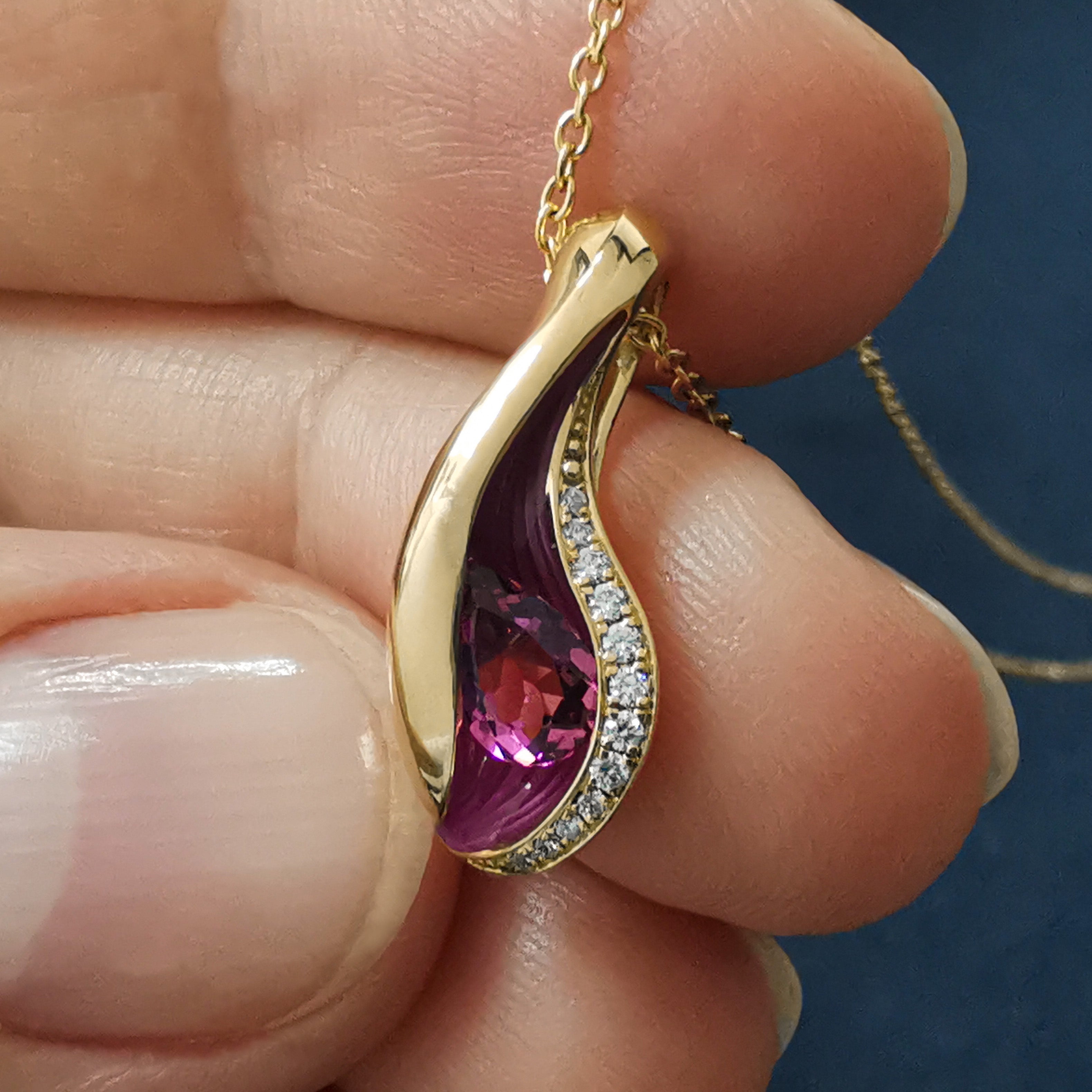 Rubellite, Diamonds, Enamel 18K Yellow Gold Pendant, P 0123-7