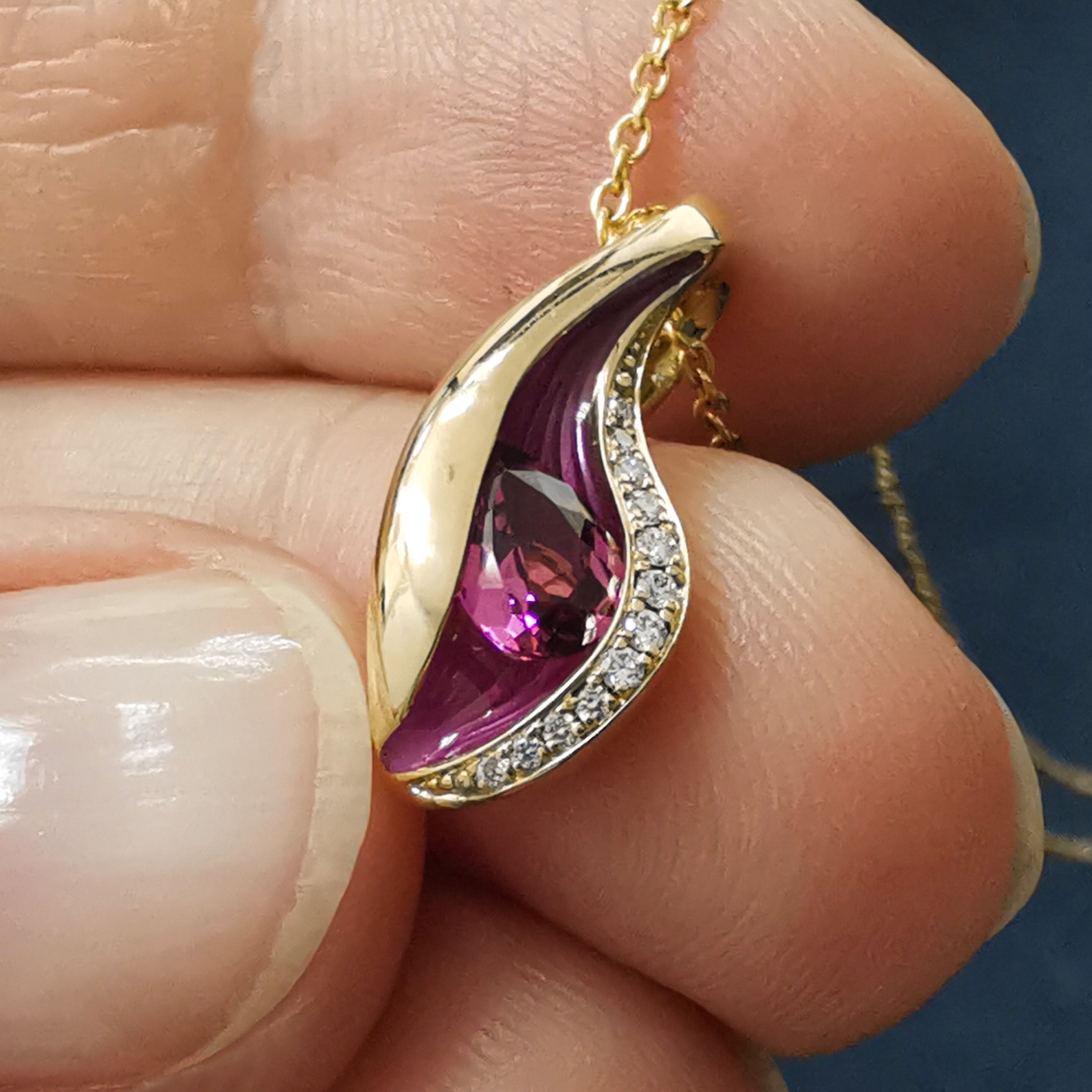 Rubellite, Diamonds, Enamel 18K Yellow Gold Pendant, P 0123-7