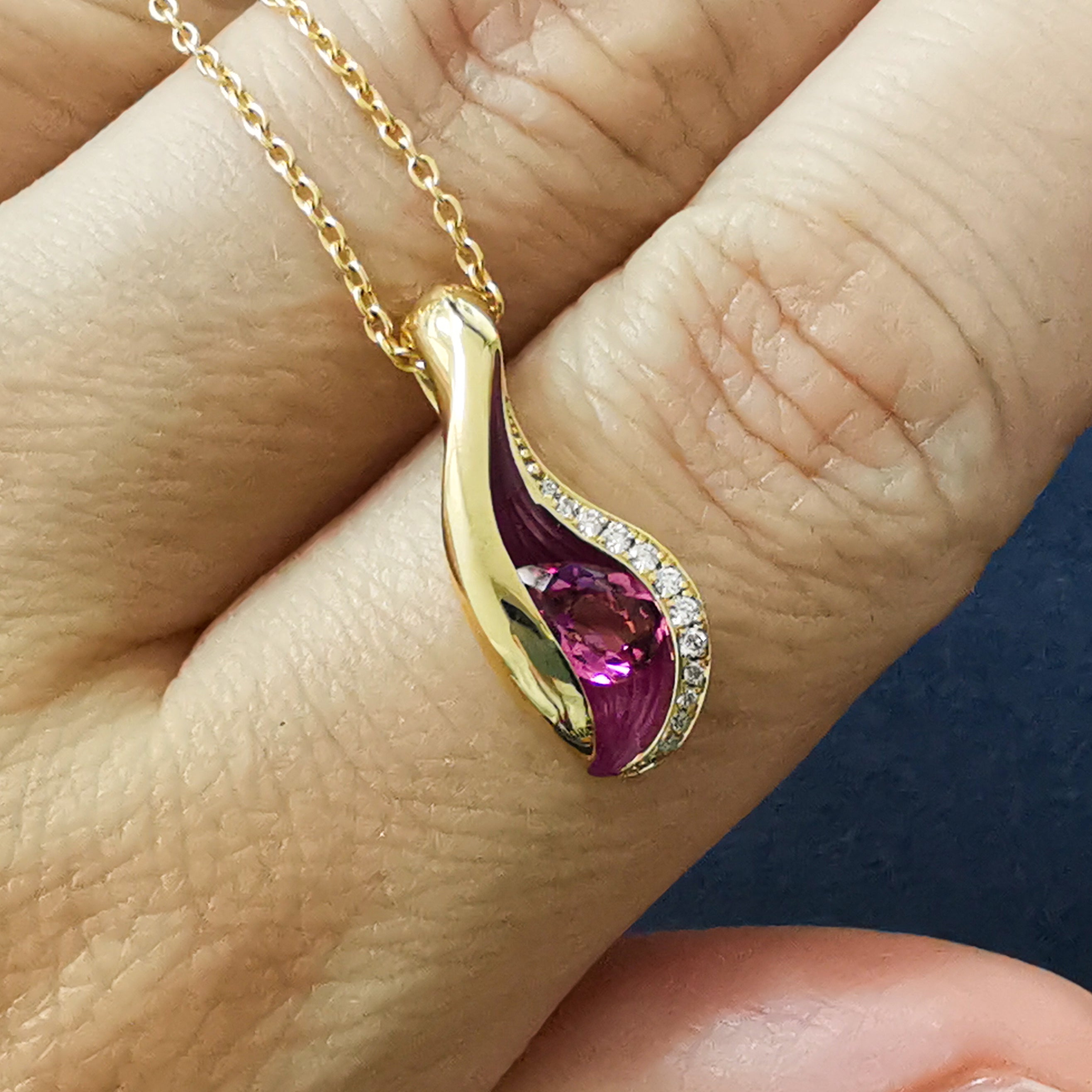 Rubellite, Diamonds, Enamel 18K Yellow Gold Pendant, P 0123-7
