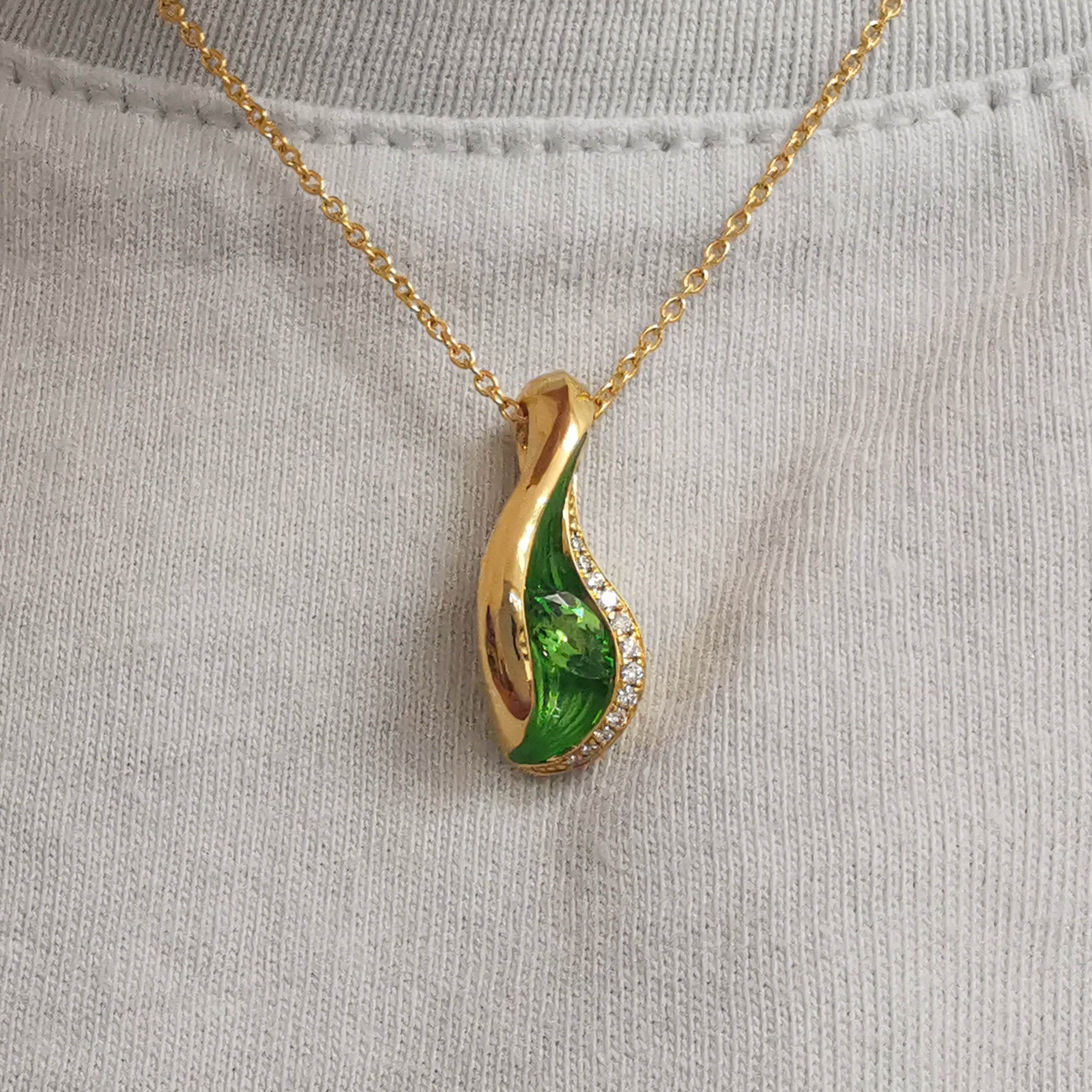 Tsavorite Garnet, Diamonds, Enamel 18K Yellow Gold Pendant, P 0123-8