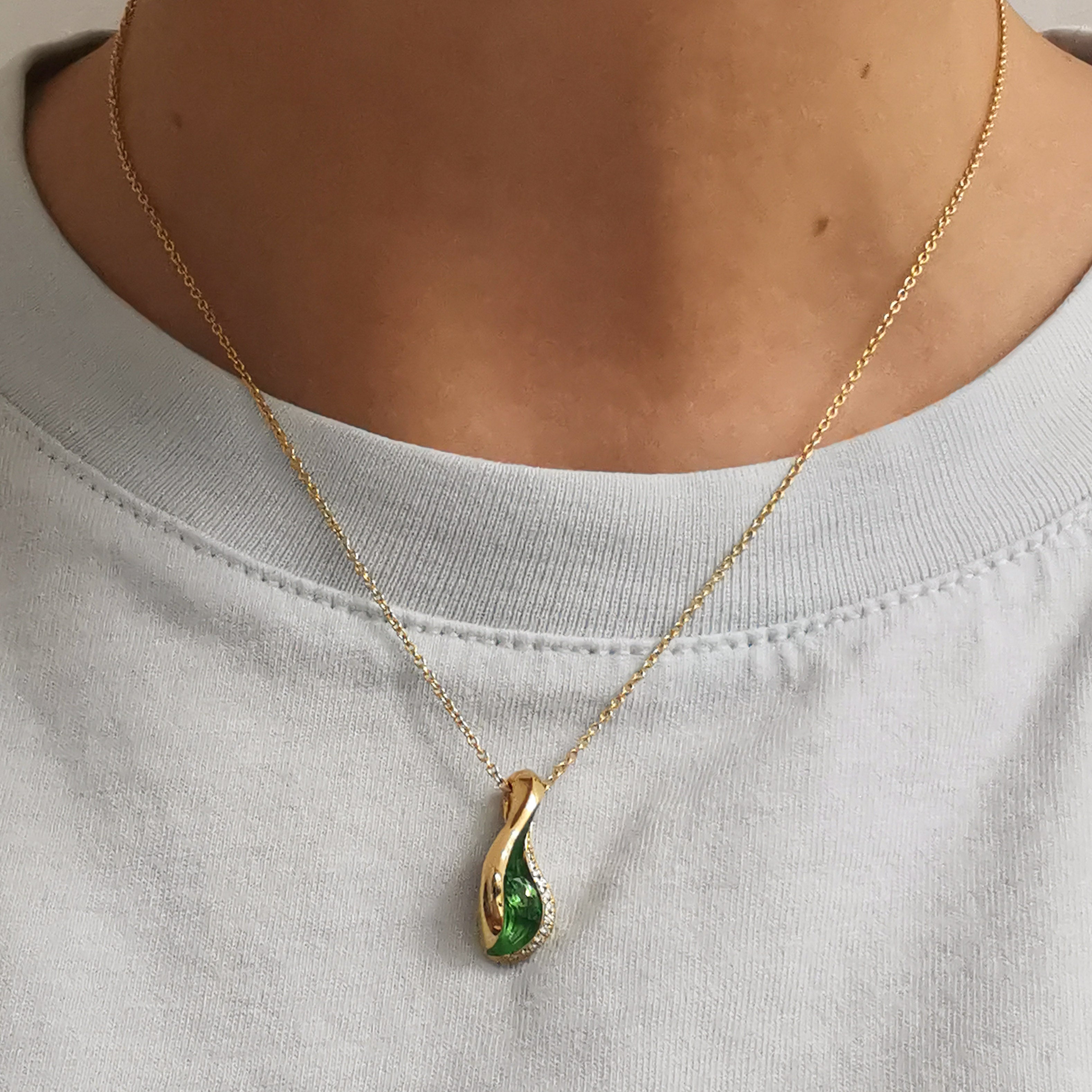 Tsavorite Garnet, Diamonds, Enamel 18K Yellow Gold Pendant, P 0123-8