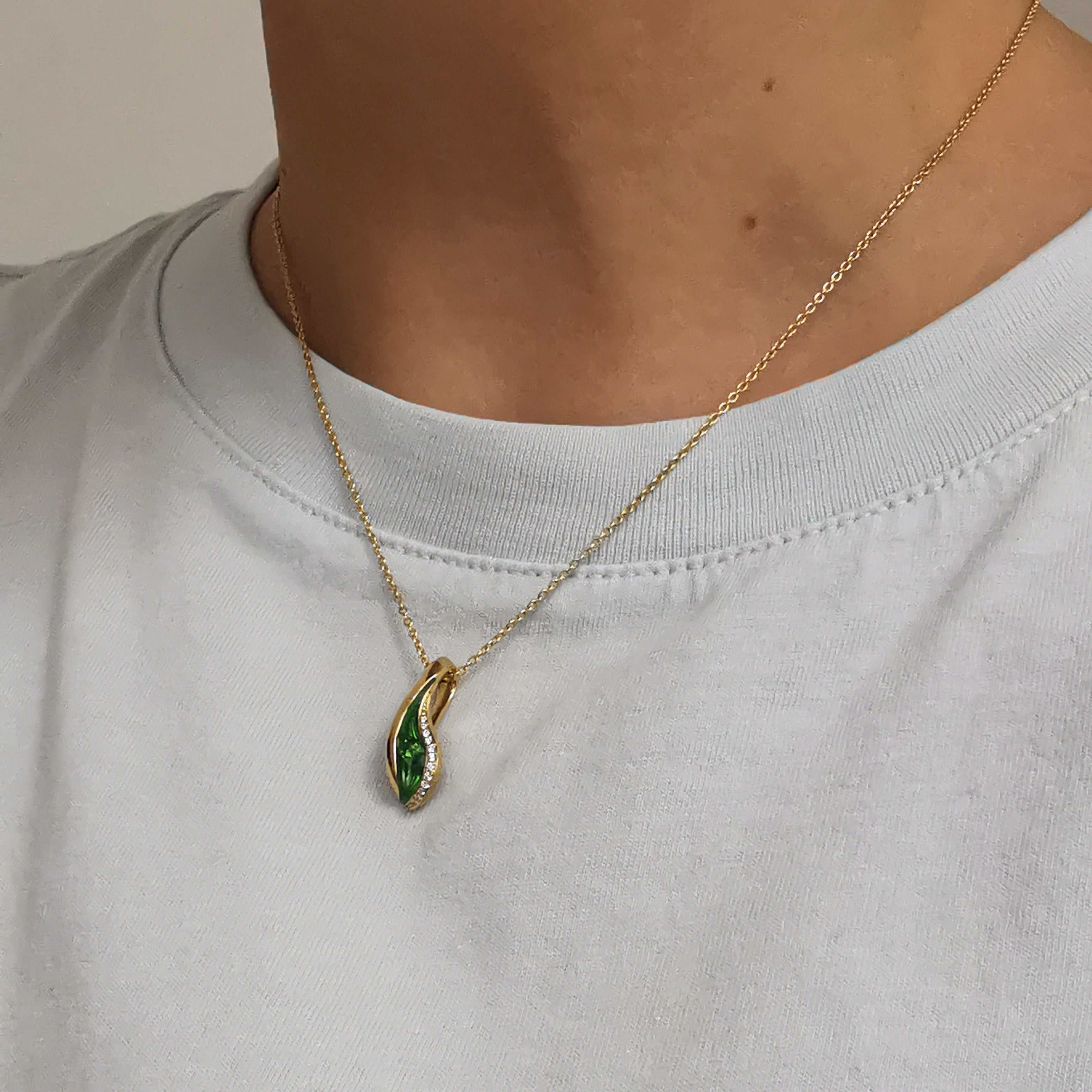 Tsavorite Garnet, Diamonds, Enamel 18K Yellow Gold Pendant, P 0123-8