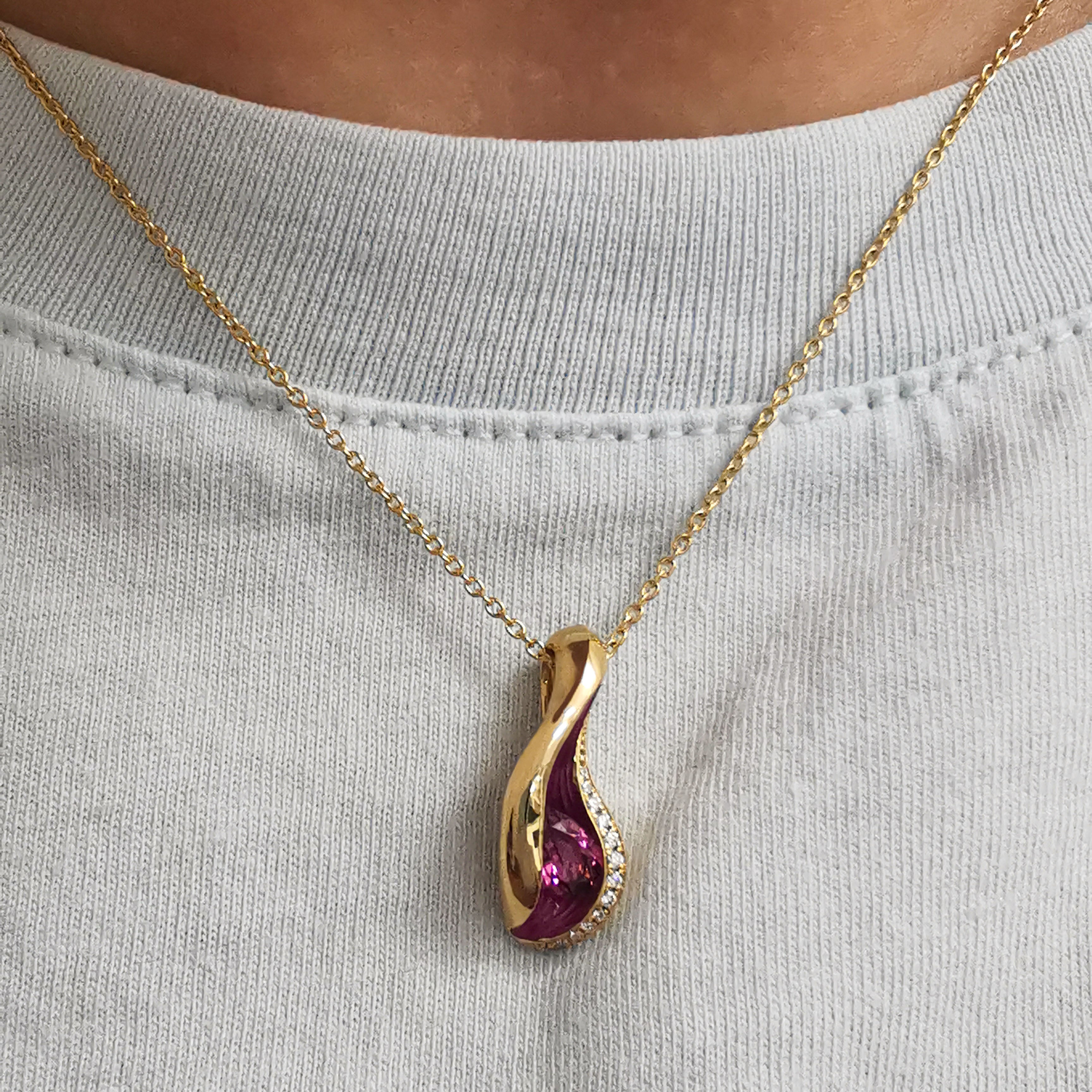 Rubellite, Diamonds, Enamel 18K Yellow Gold Pendant, P 0123-7