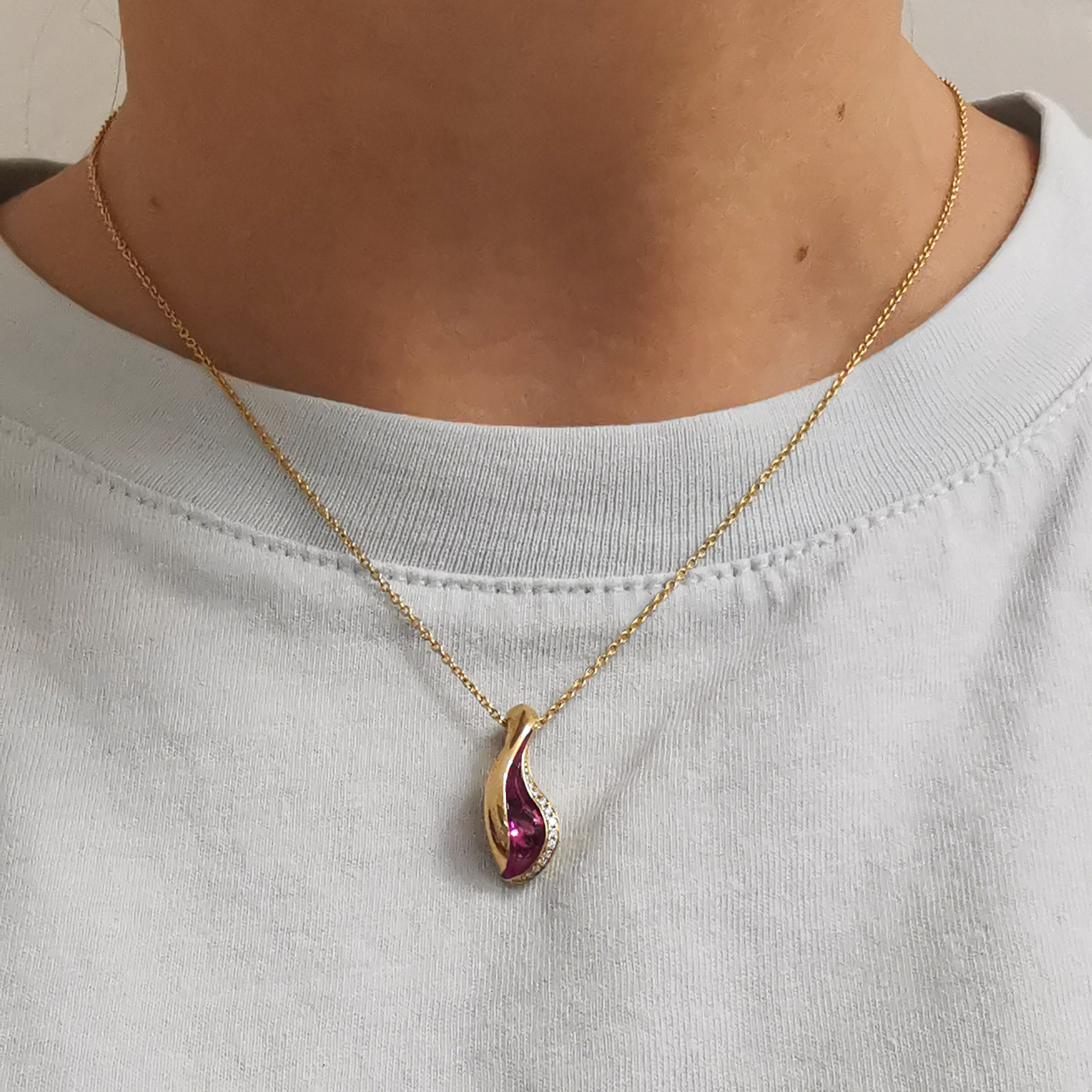 Rubellite, Diamonds, Enamel 18K Yellow Gold Pendant, P 0123-7