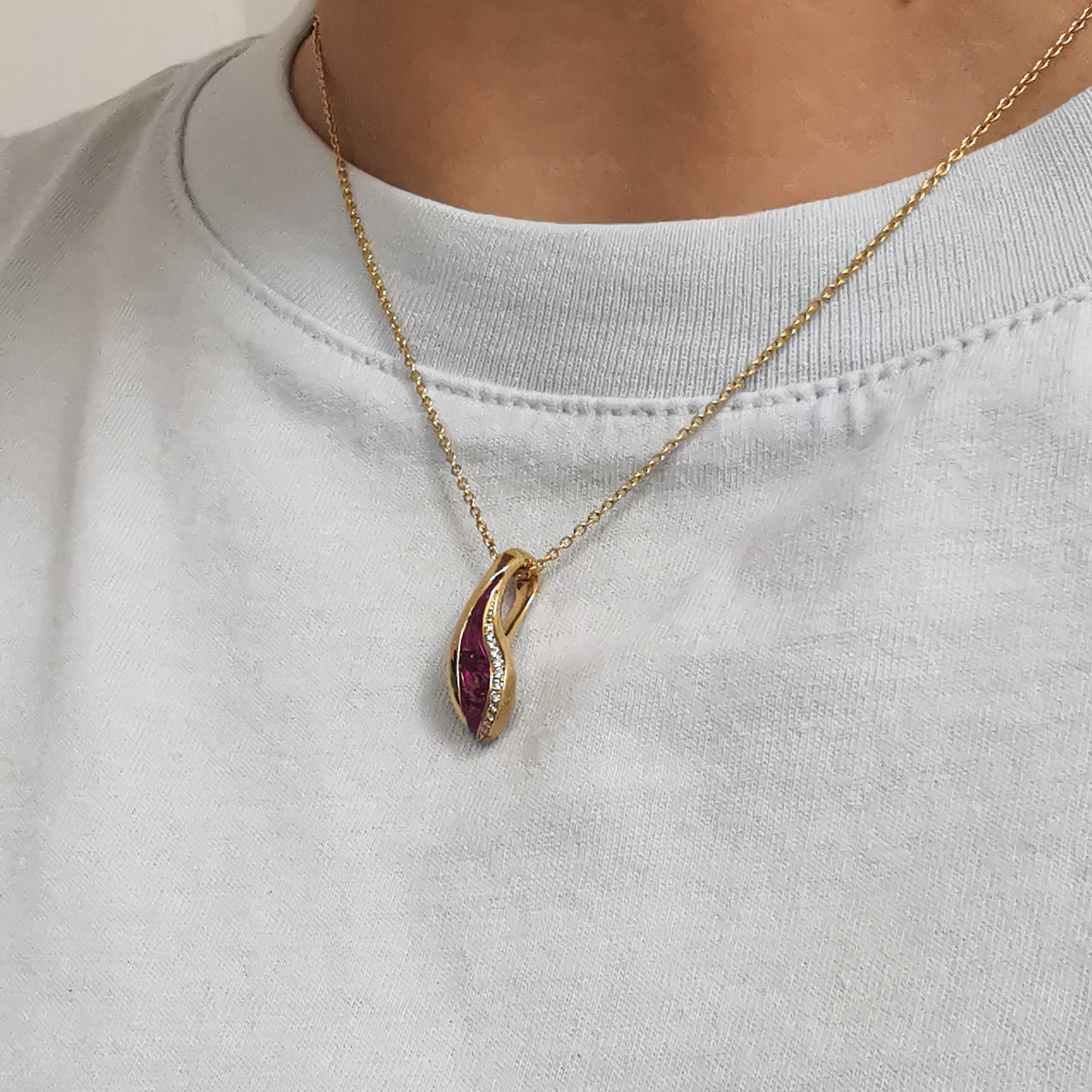 Rubellite, Diamonds, Enamel 18K Yellow Gold Pendant, P 0123-7
