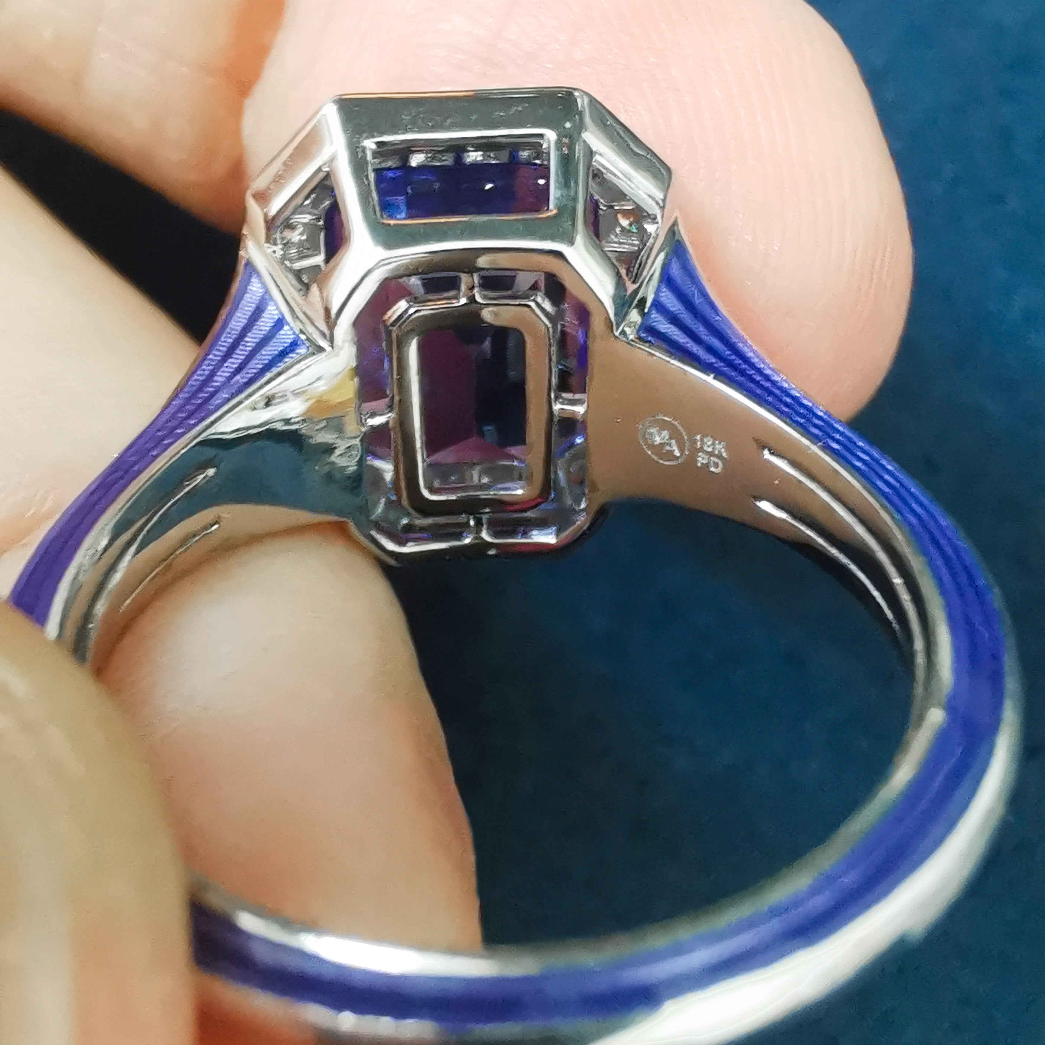 Tanzanite, Diamonds, 18K White Gold, Enamel Ring, R 0143-11