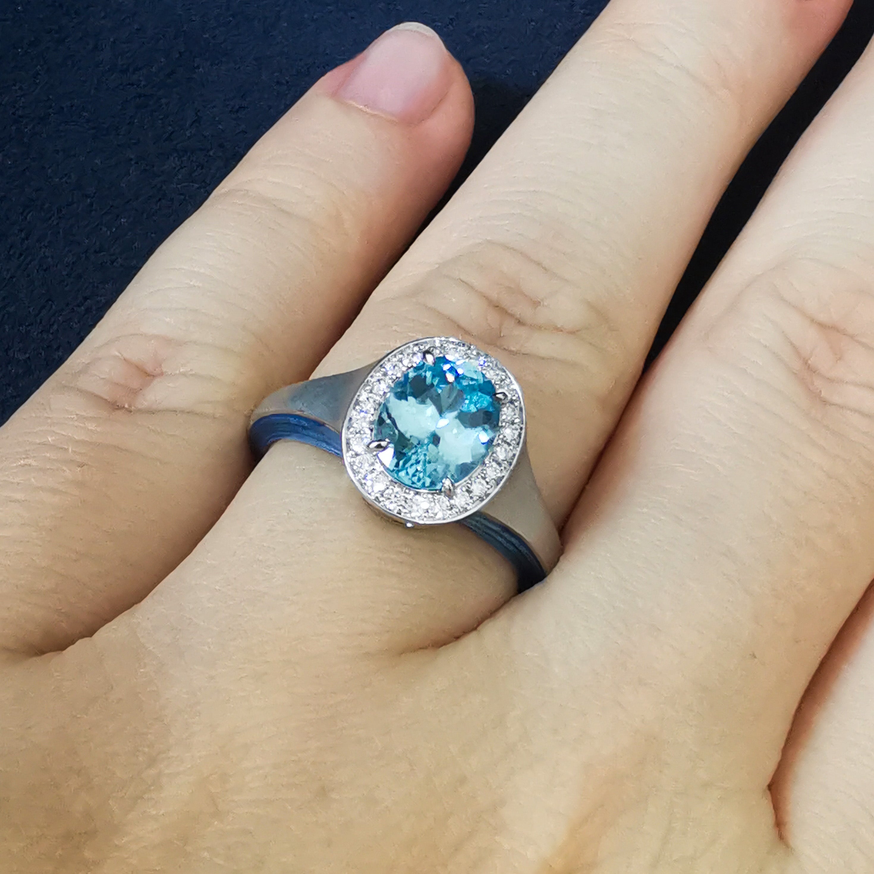 R 0143-0, 18K White Gold, Blue Zircon, Diamonds, Enamel Ring