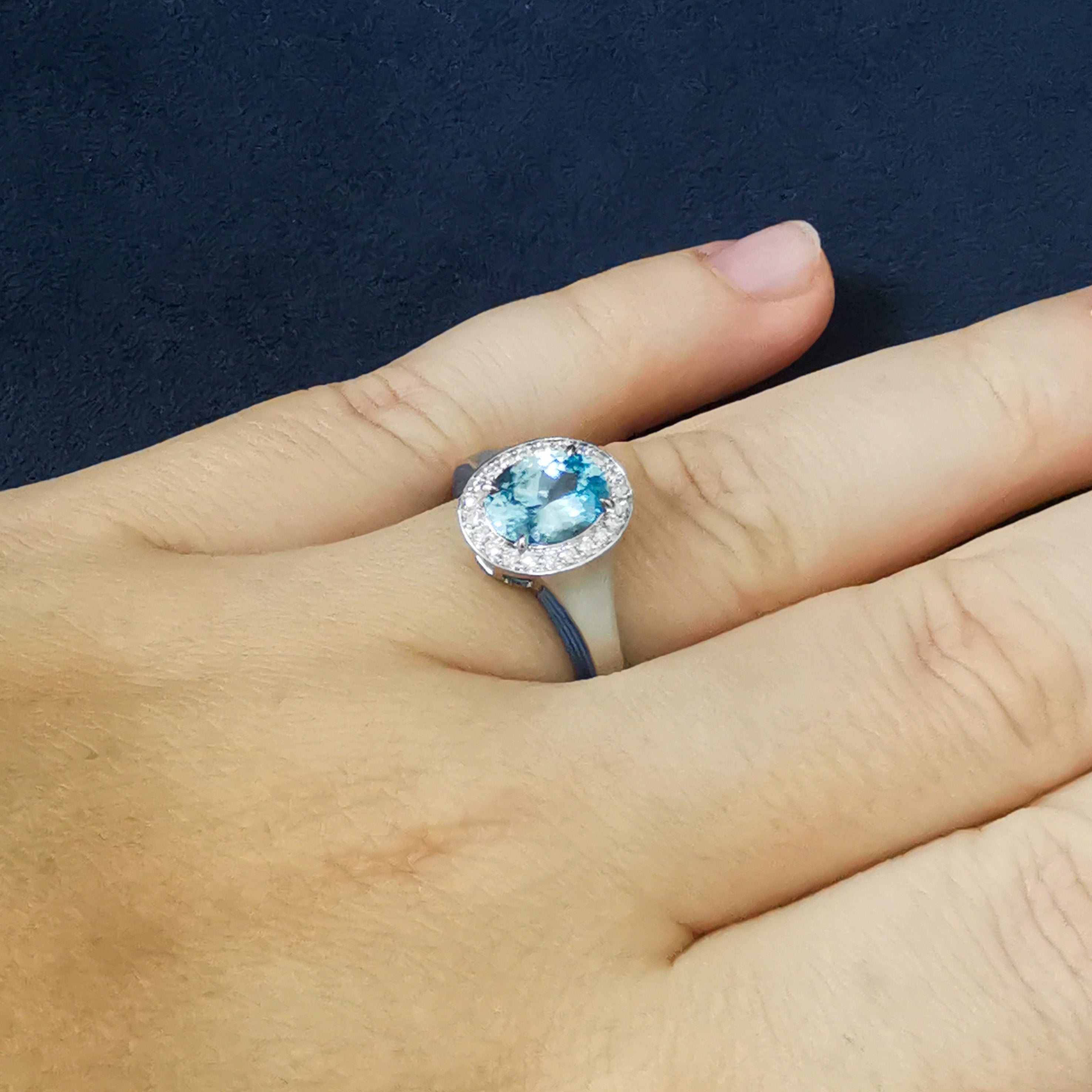 R 0143-0, 18K White Gold, Blue Zircon, Diamonds, Enamel Ring