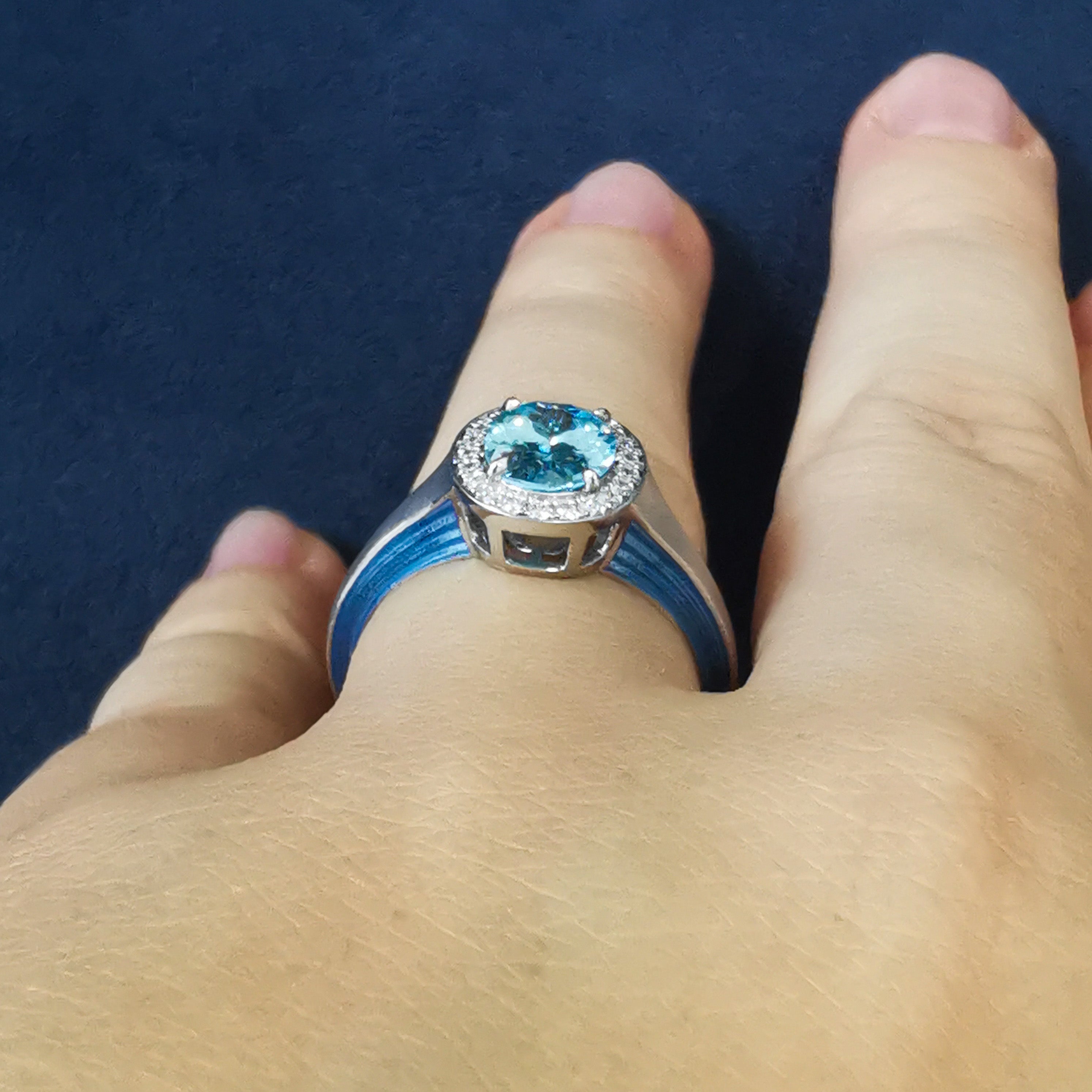 R 0143-0, 18K White Gold, Blue Zircon, Diamonds, Enamel Ring