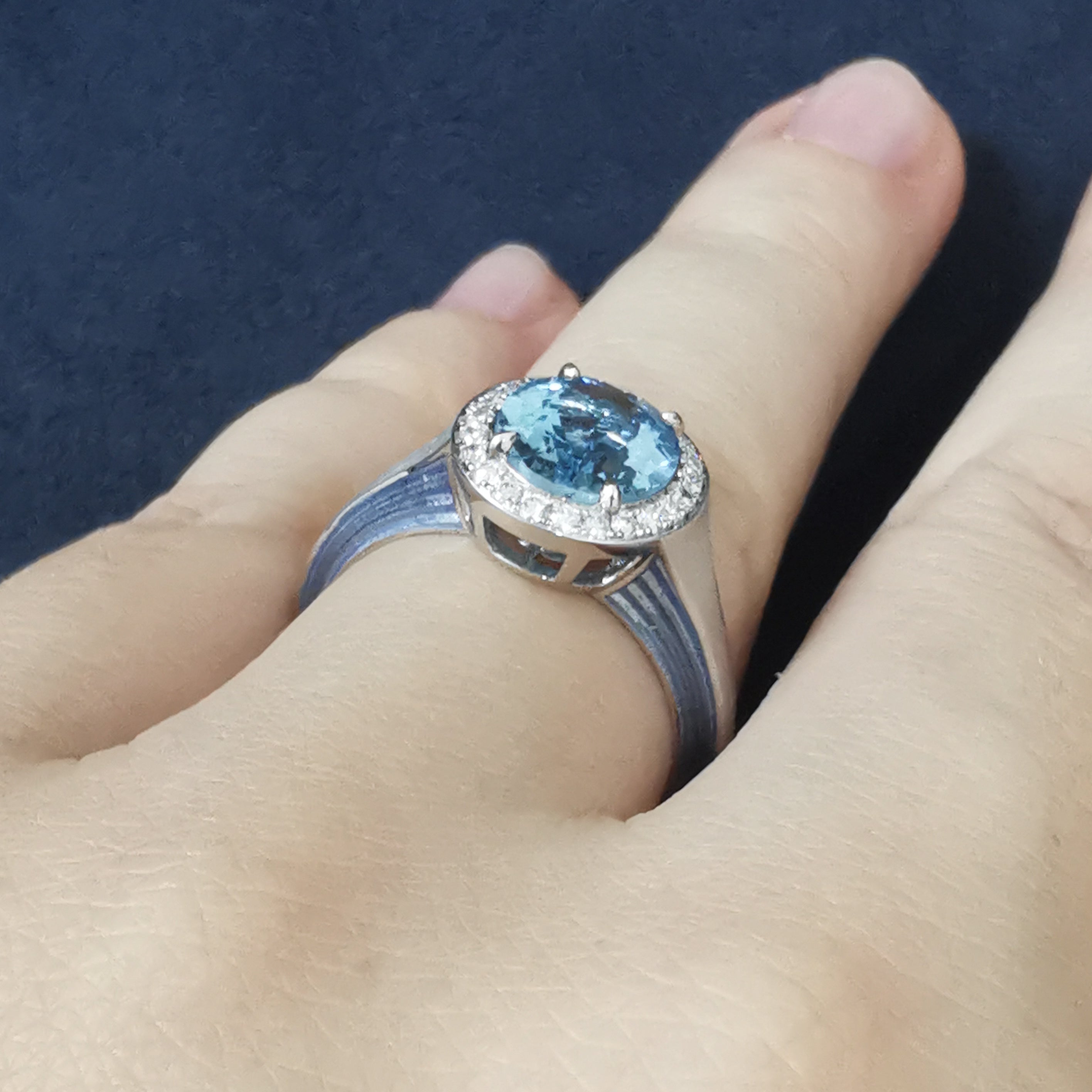 Aquamarine, Diamonds, Enamel 18K White Gold Ring, R 0143-02