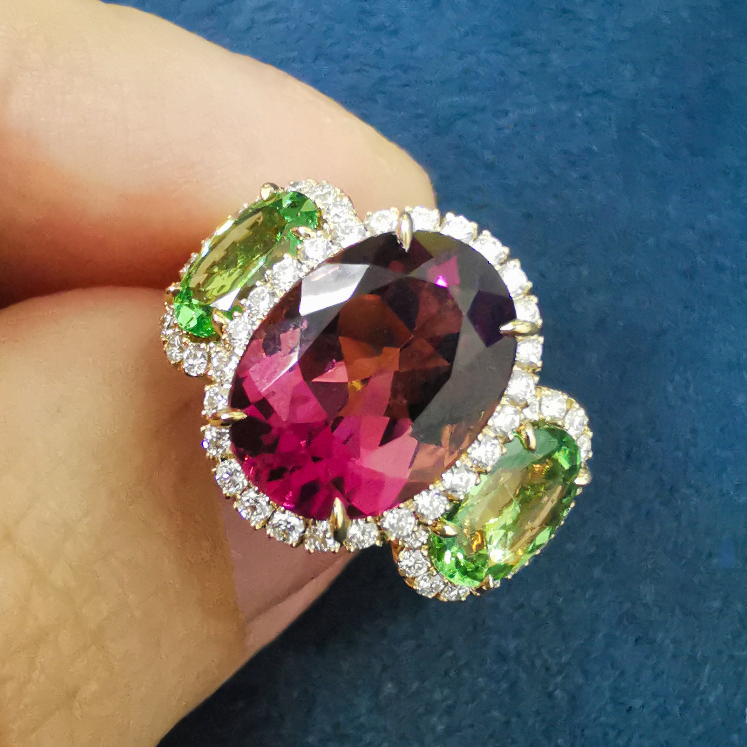 18K Yellow Gold, Pink Tourmaline, Tsavorites, Diamonds Ring R 0022-25