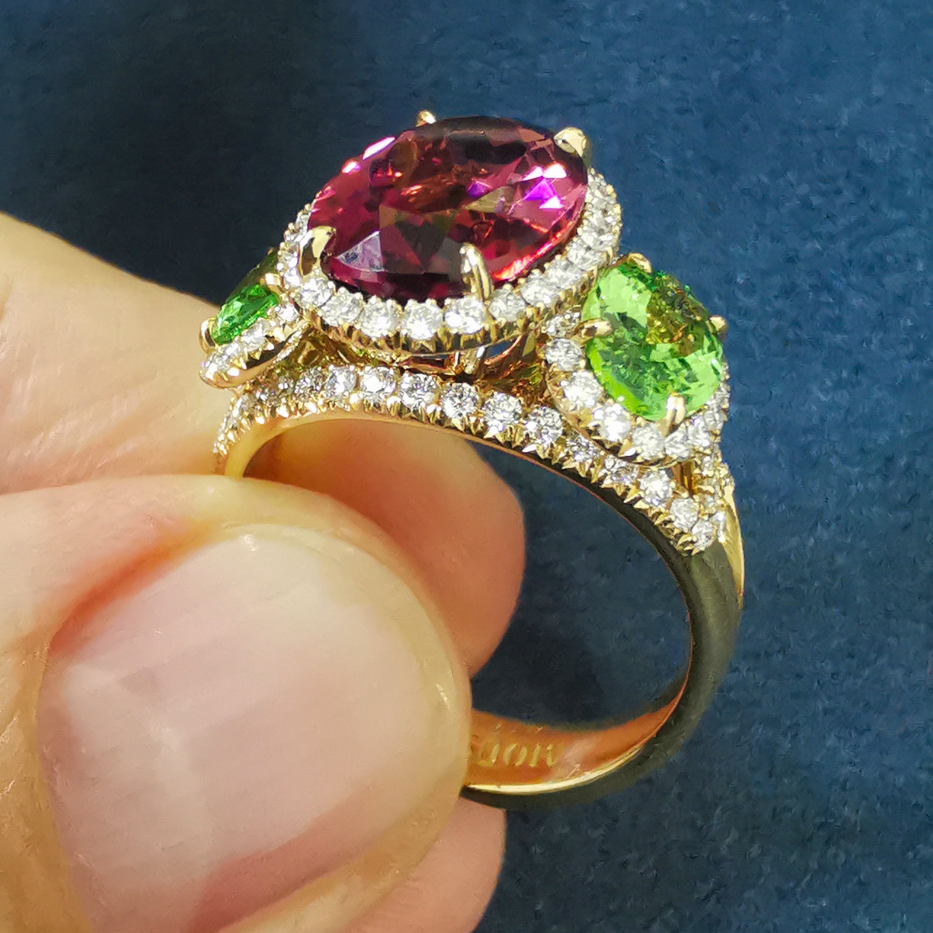 18K Yellow Gold, Pink Tourmaline, Tsavorites, Diamonds Ring R 0022-25
