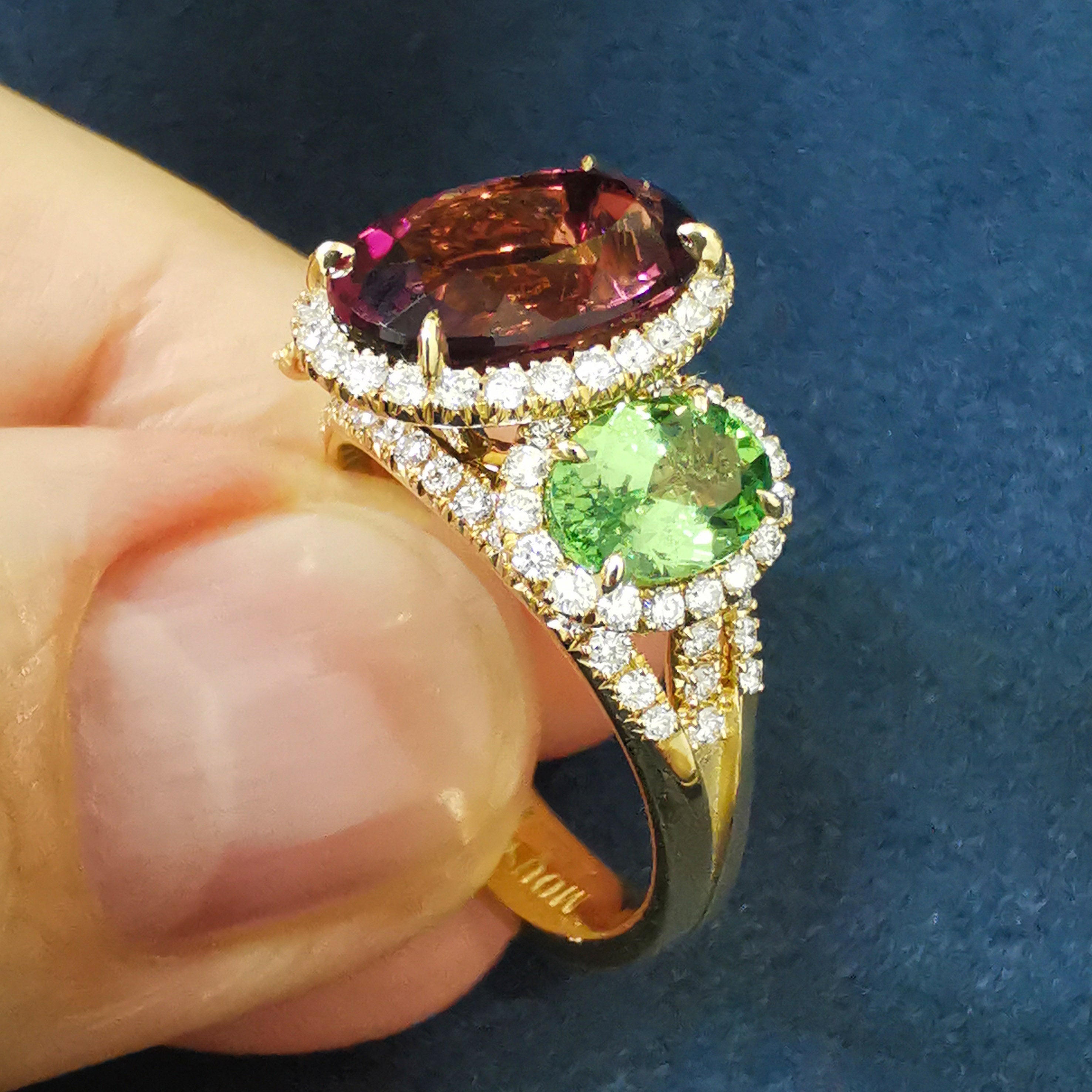 18K Yellow Gold, Pink Tourmaline, Tsavorites, Diamonds Ring R 0022-25