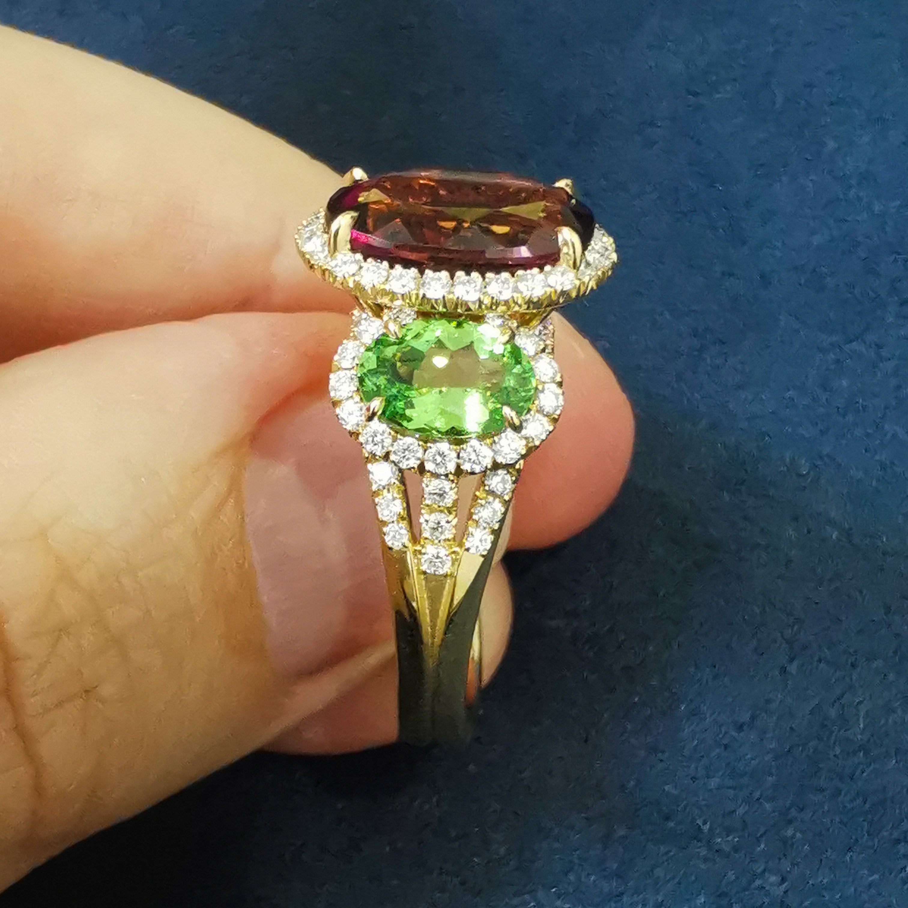 18K Yellow Gold, Pink Tourmaline, Tsavorites, Diamonds Ring R 0022-25
