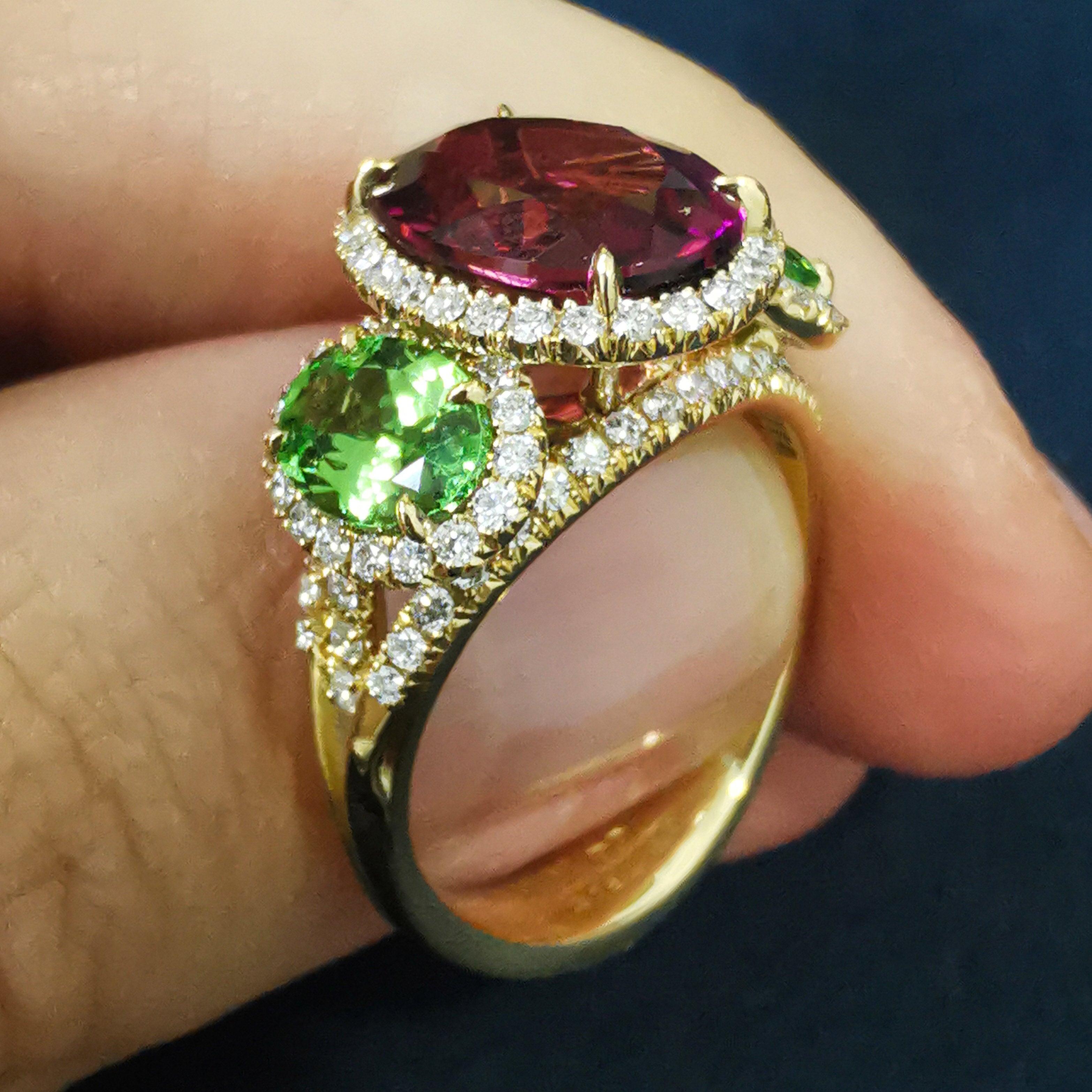 18K Yellow Gold, Pink Tourmaline, Tsavorites, Diamonds Ring R 0022-25