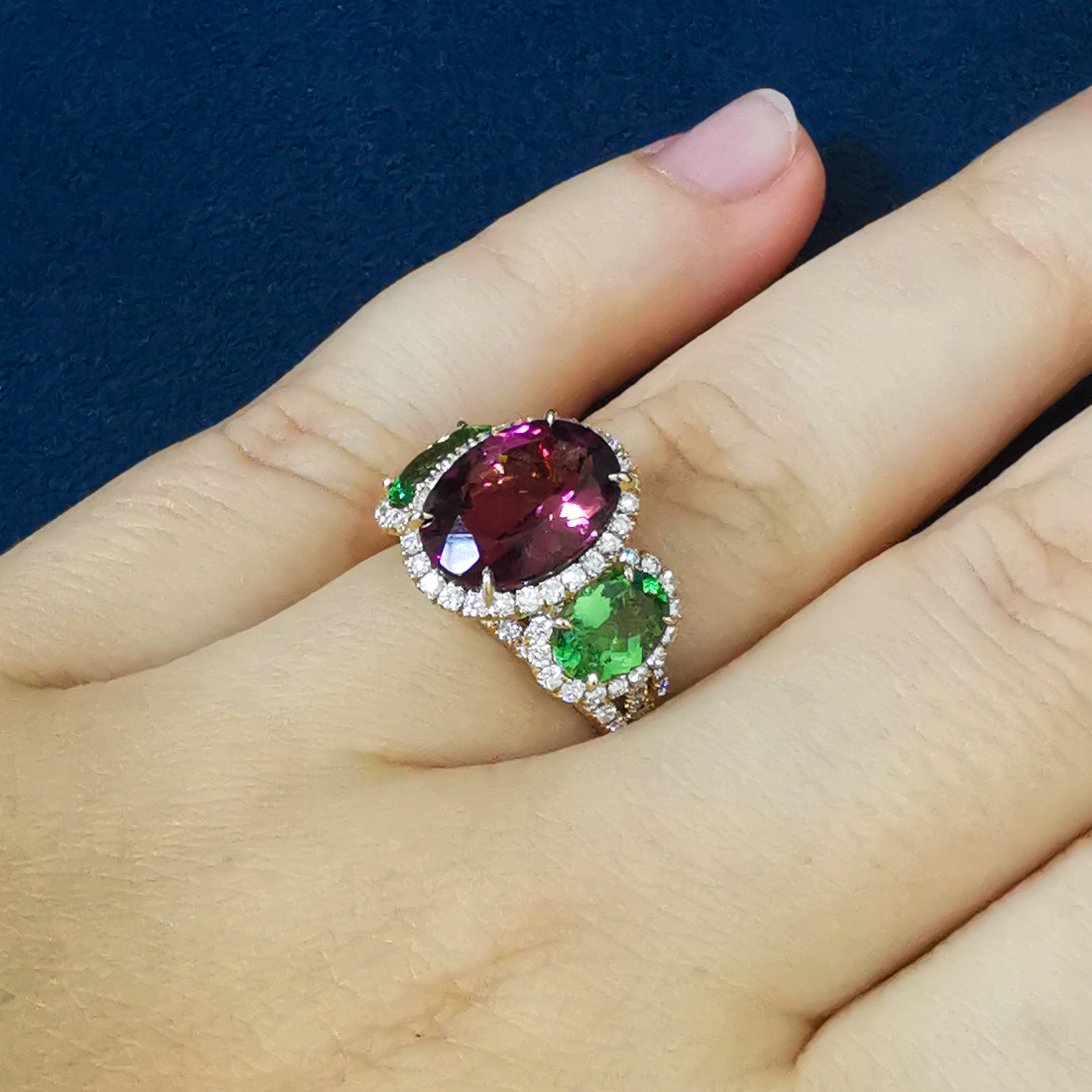 18K Yellow Gold, Pink Tourmaline, Tsavorites, Diamonds Ring R 0022-25