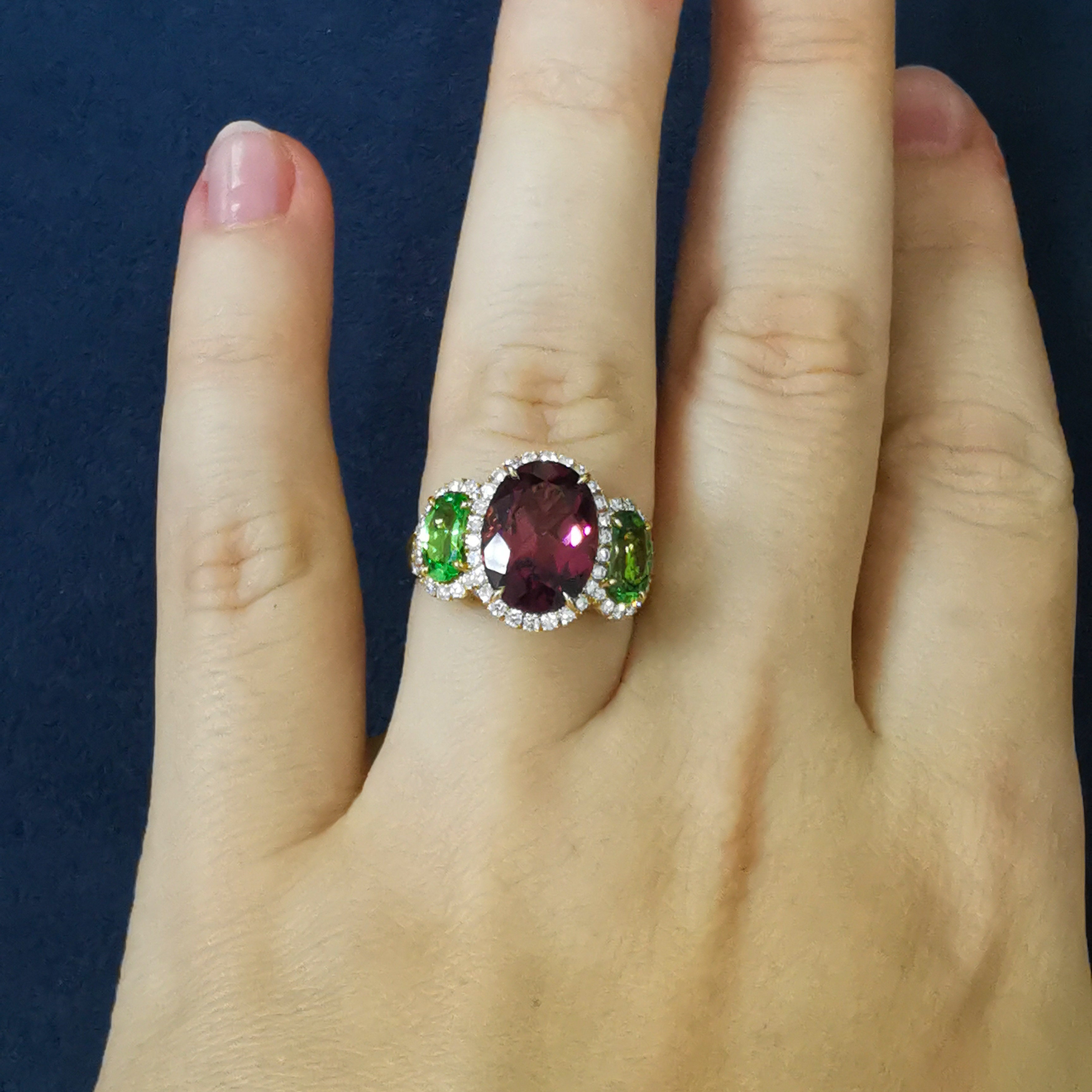 18K Yellow Gold, Pink Tourmaline, Tsavorites, Diamonds Ring R 0022-25