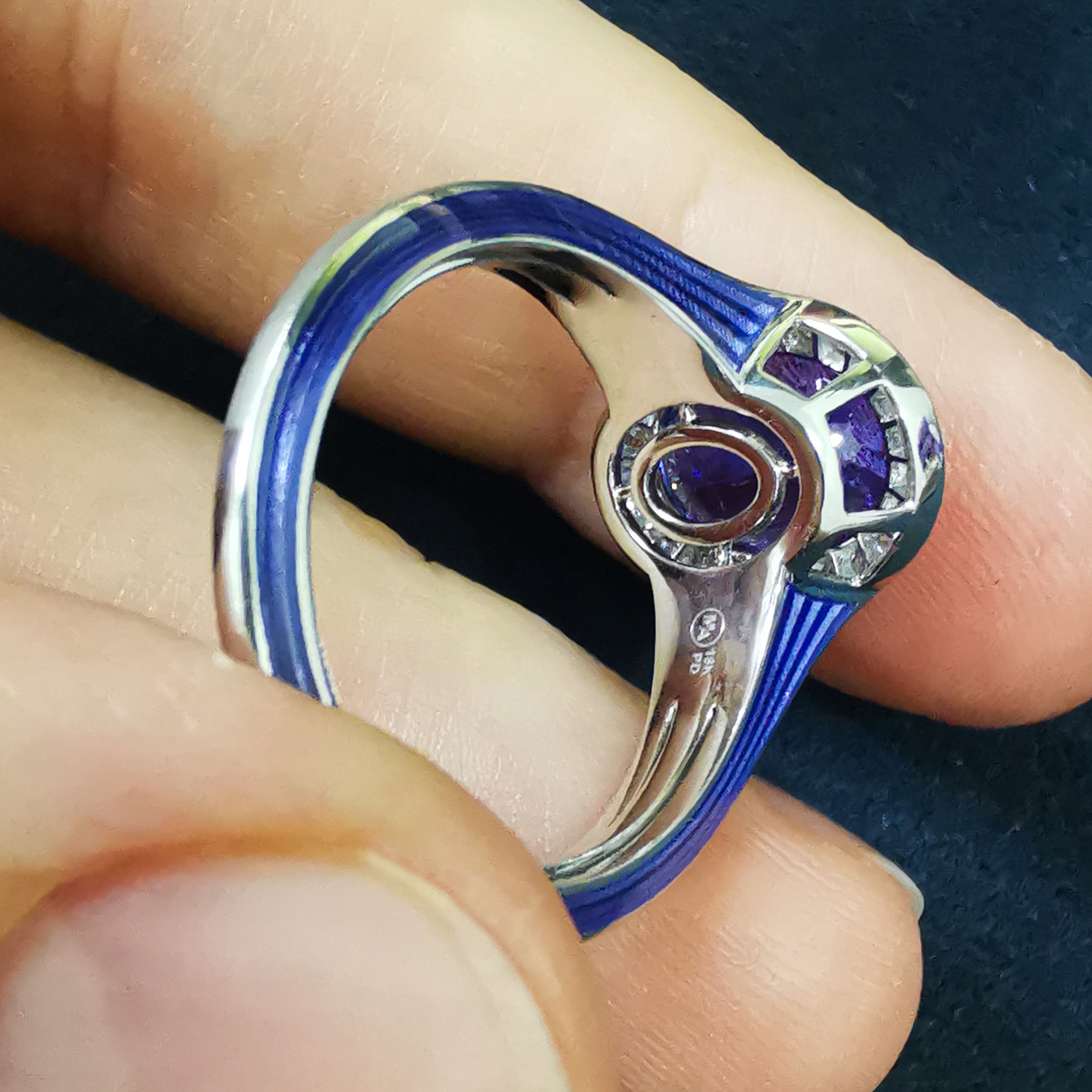Tanzanite, Diamonds, Enamel 18K White Gold Ring, R 0143-02