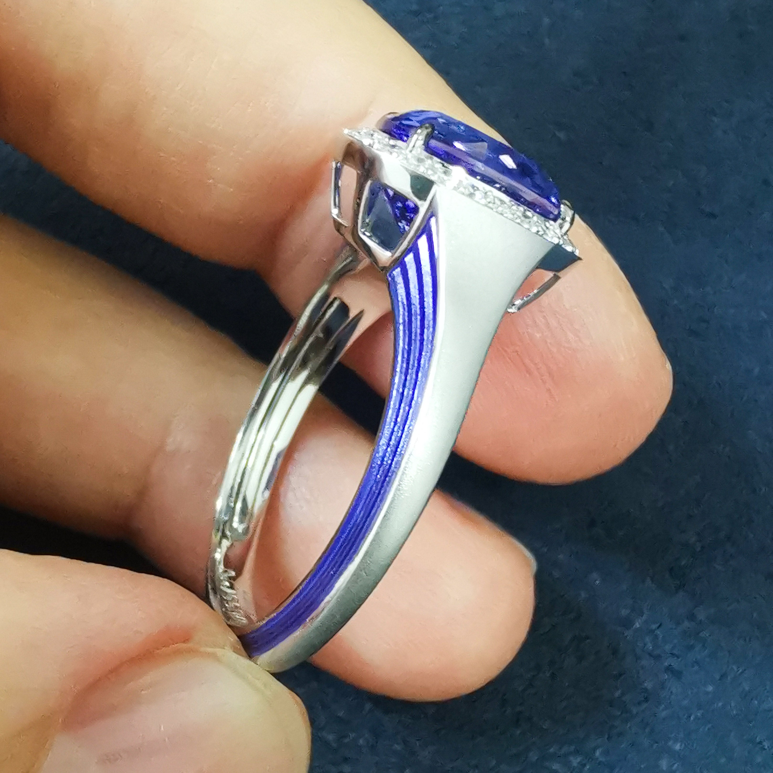 Tanzanite, Diamonds, Enamel 18K White Gold Ring, R 0143-02