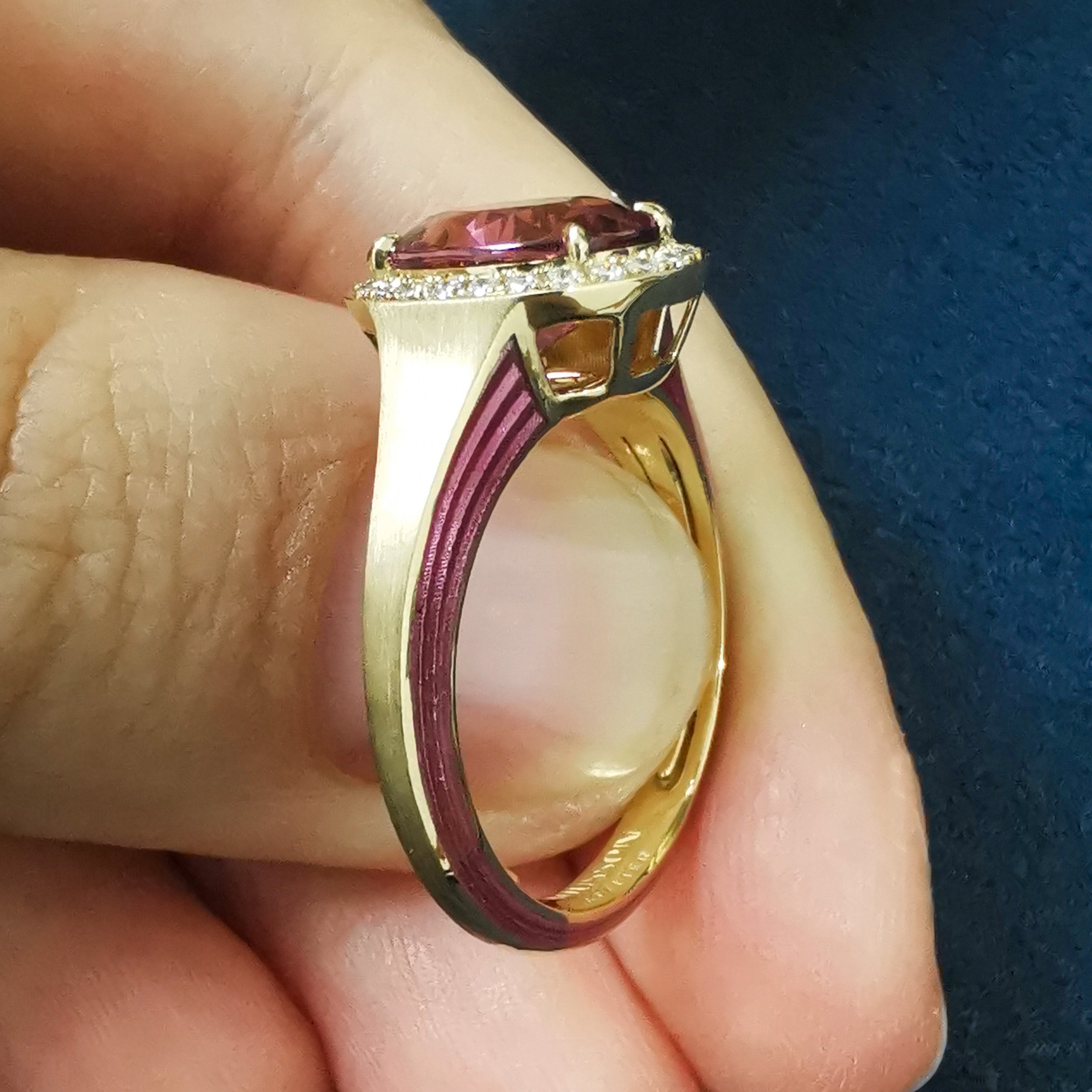 Pink Tourmaline, Diamonds, Enamel 18K Yellow Gold Ring, R 0143-02