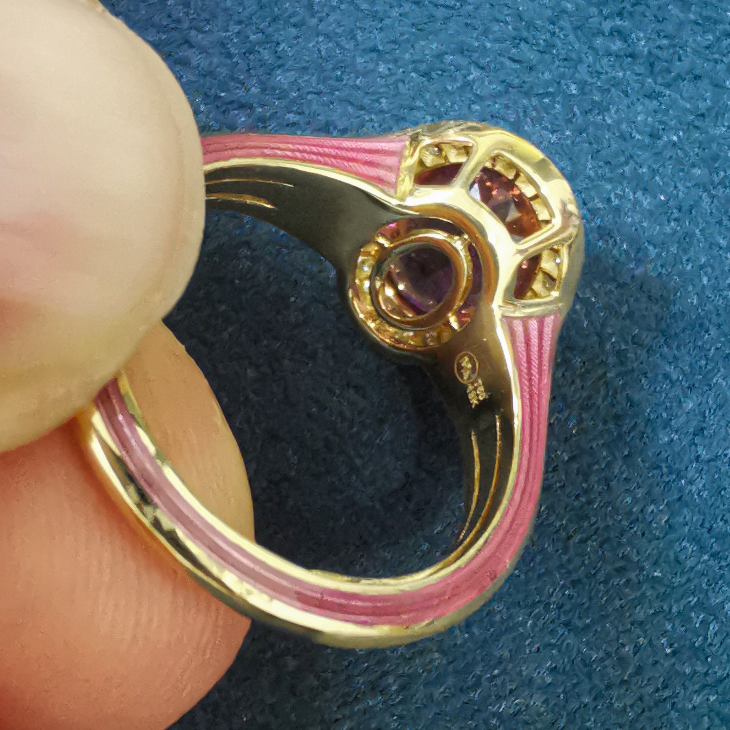 Pink Tourmaline, Diamonds, Enamel 18K Yellow Gold Ring, R 0143-02