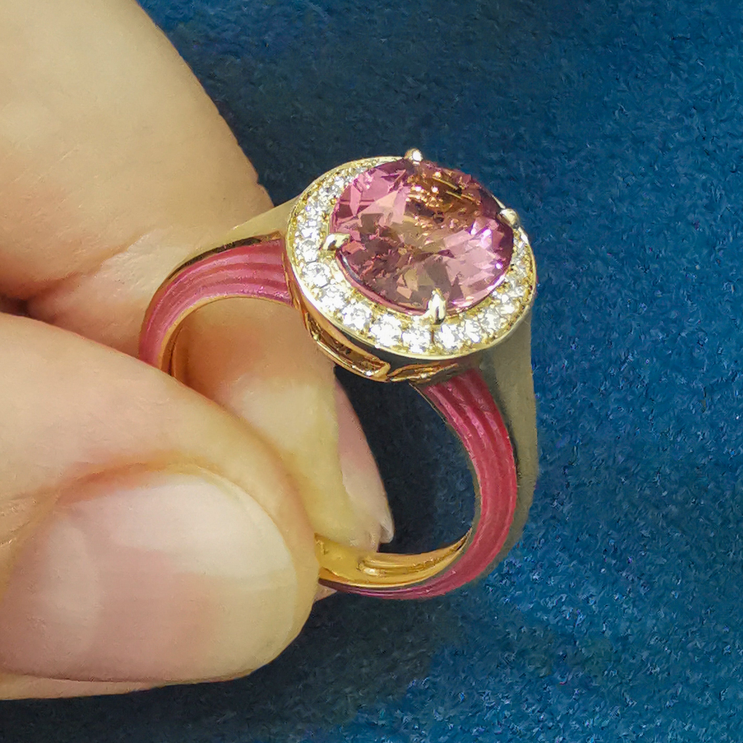Pink Tourmaline, Diamonds, Enamel 18K Yellow Gold Ring, R 0143-02