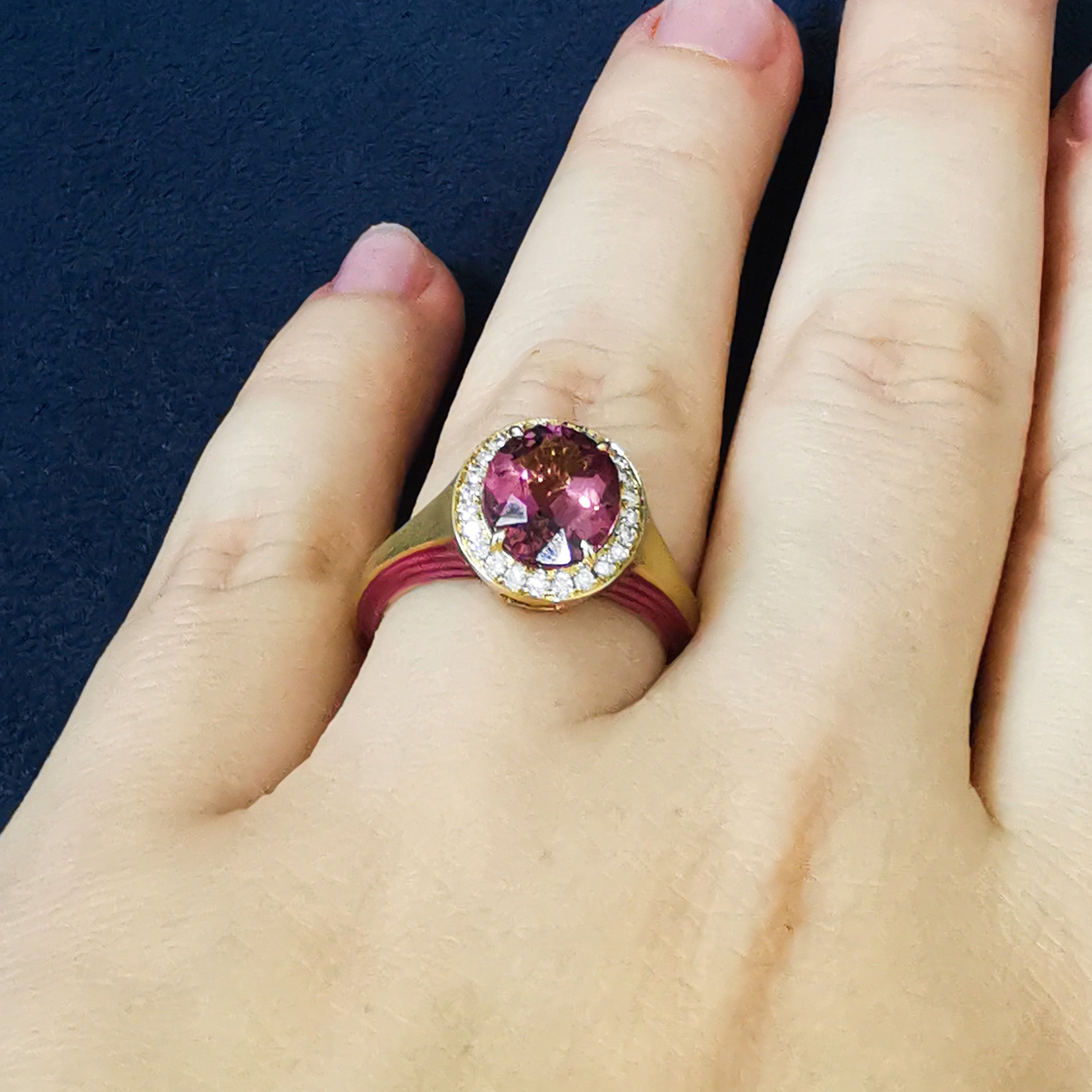 Pink Tourmaline, Diamonds, Enamel 18K Yellow Gold Ring, R 0143-02