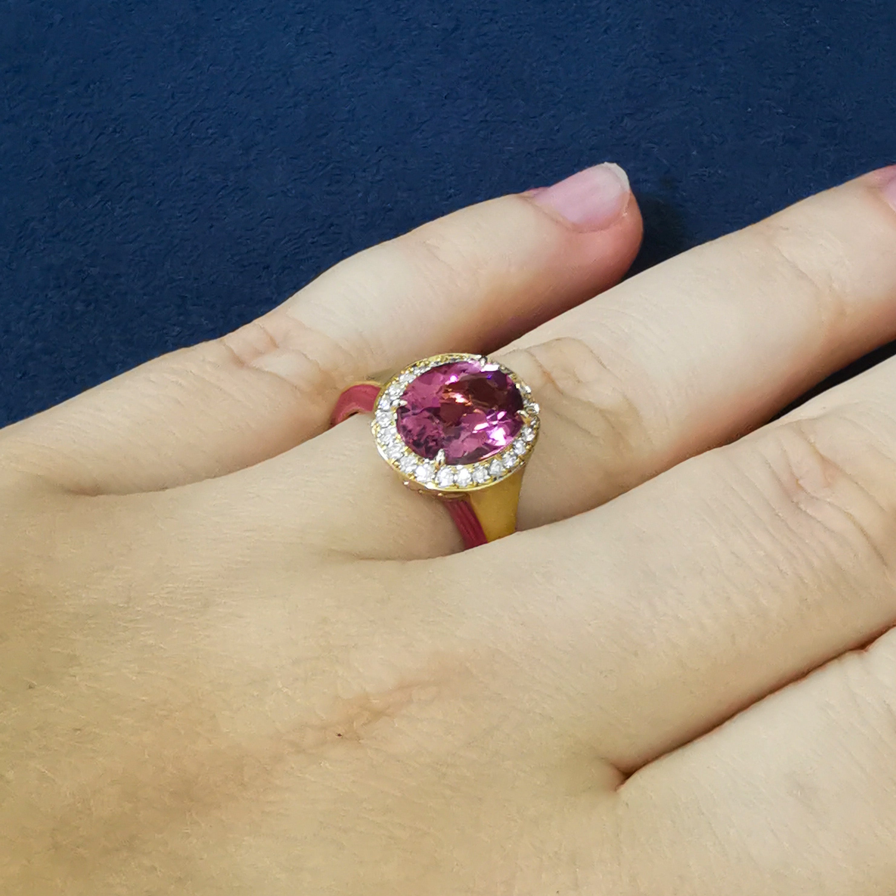 Pink Tourmaline, Diamonds, Enamel 18K Yellow Gold Ring, R 0143-02