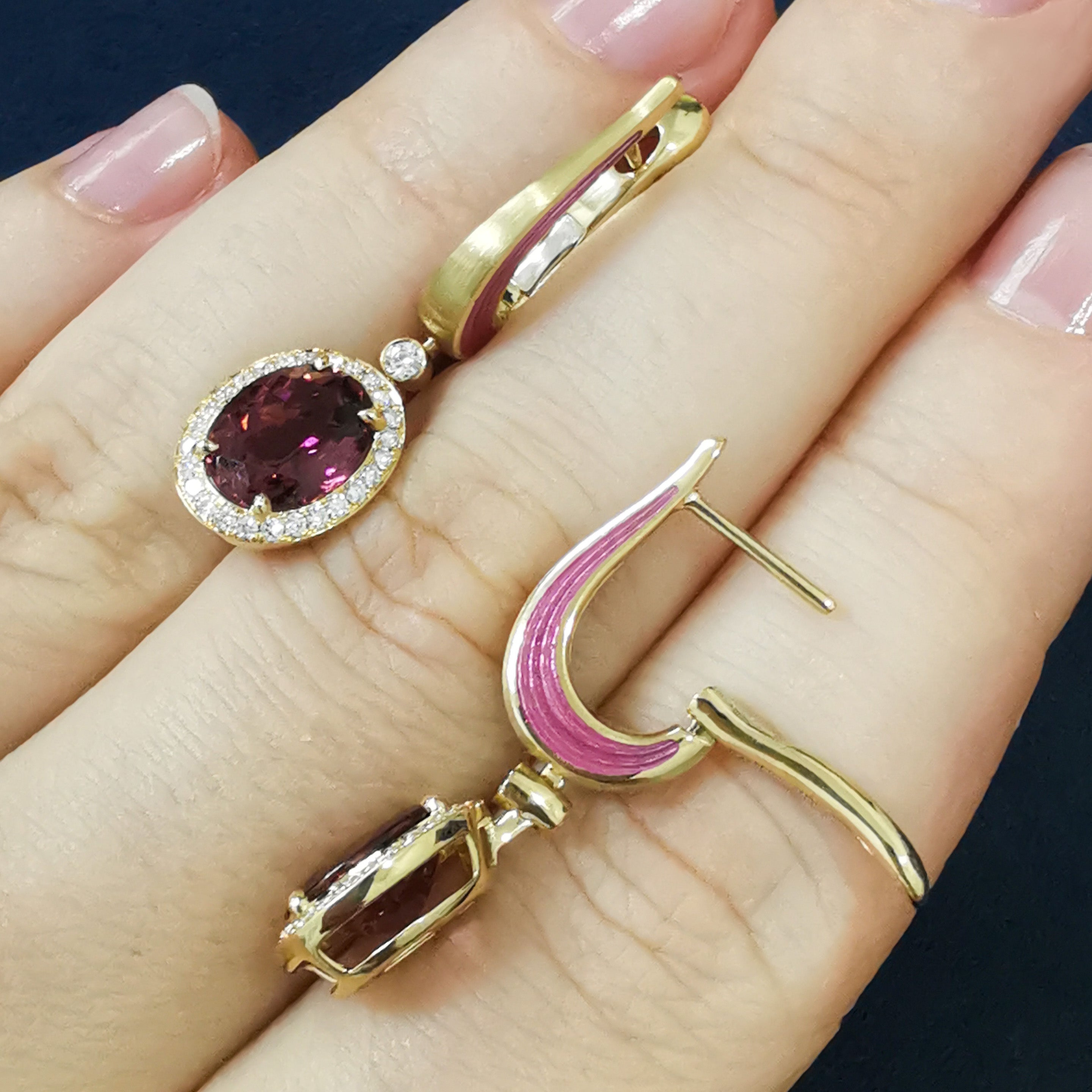 Pink Tourmaline, Diamonds 18K Yellow Gold Earrings, E 0143-02